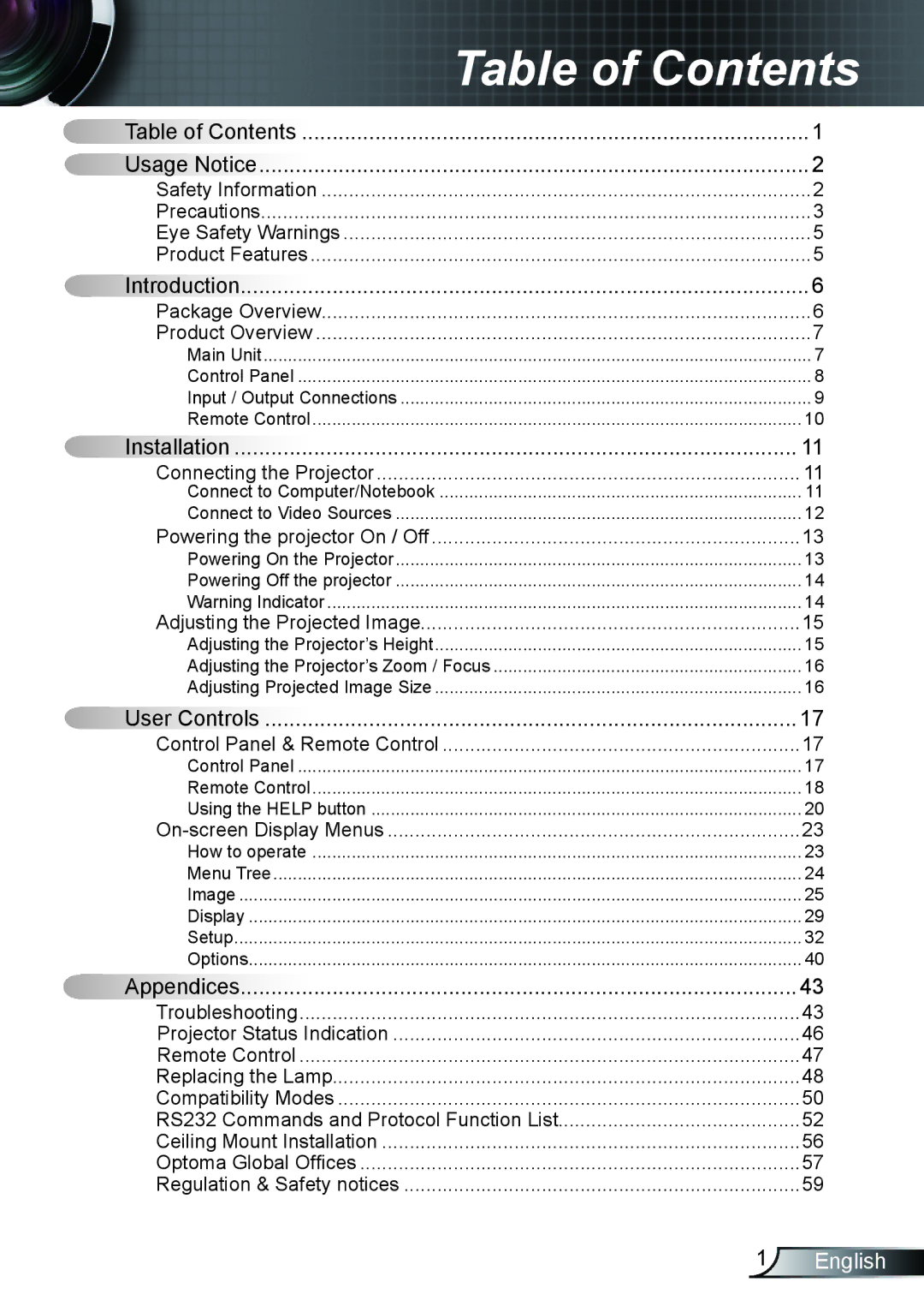 Optoma Technology TH1020 manual Table of Contents 