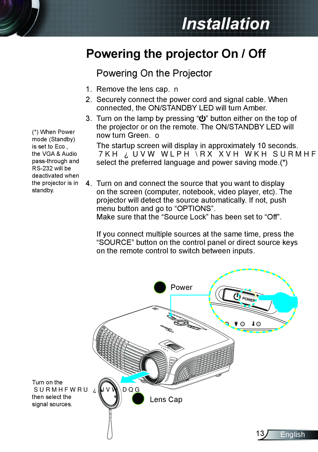 Optoma Technology TH1020 manual Powering the projector On / Off, Powering On the Projector,  Lens Cap 