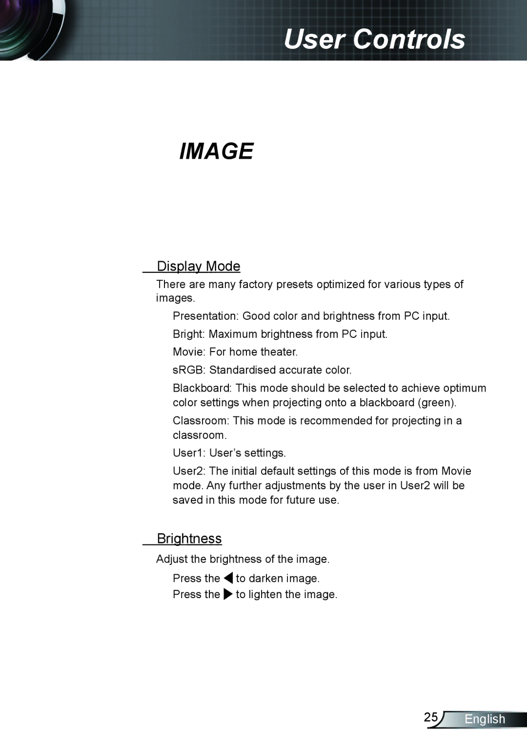 Optoma Technology TH1020 manual Display Mode, Brightness 