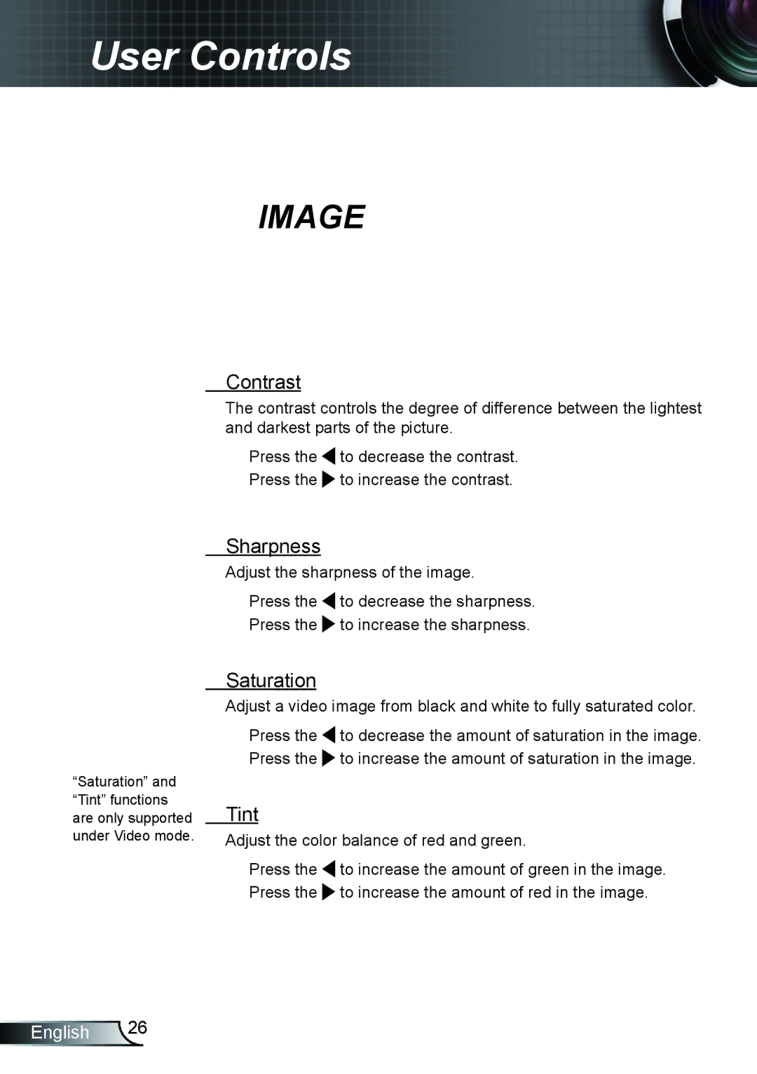 Optoma Technology TH1020 manual Contrast, Sharpness, Saturation, Tint 