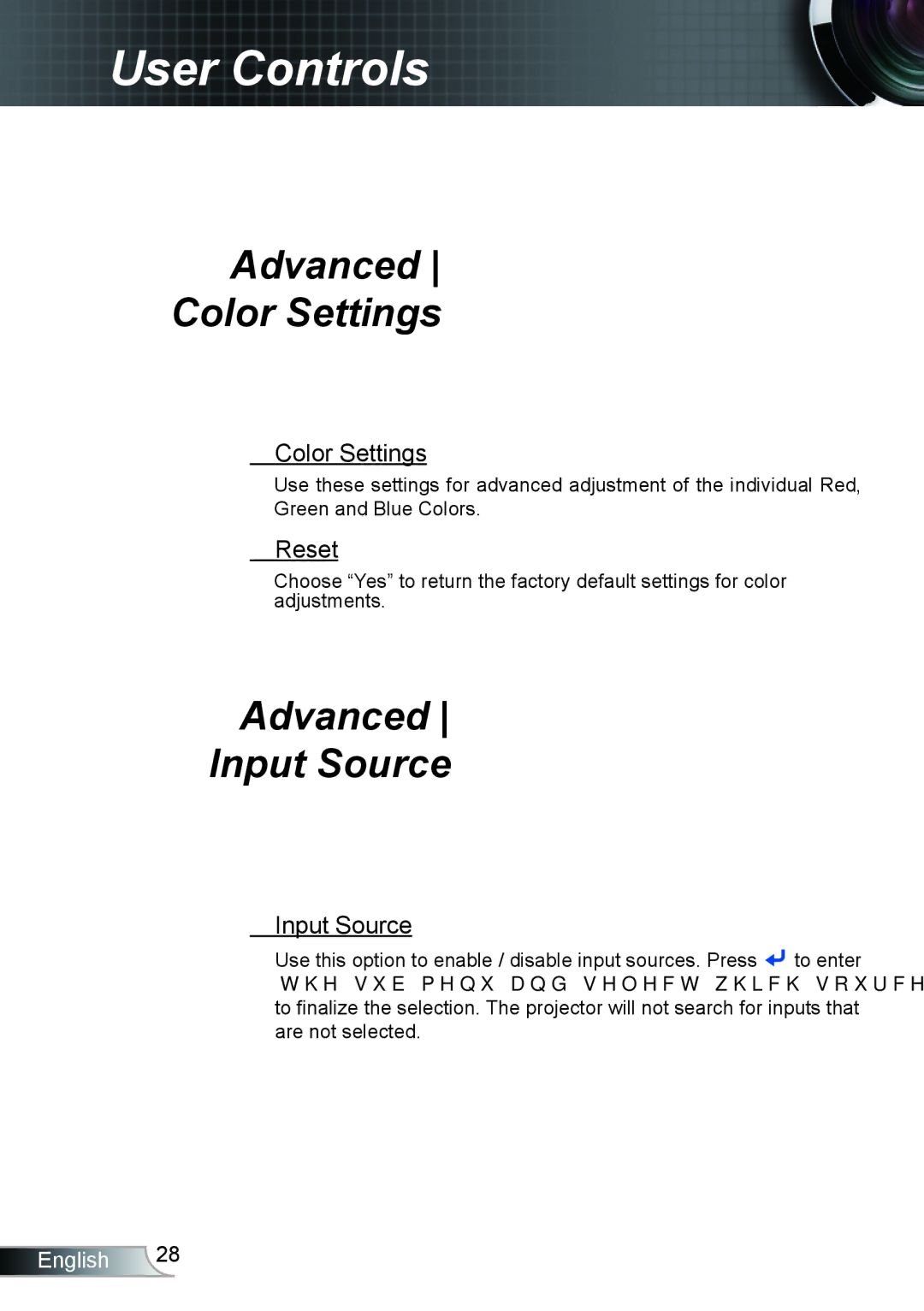 Optoma Technology TH1020 manual Advanced Color Settings, Advanced Input Source, Reset 