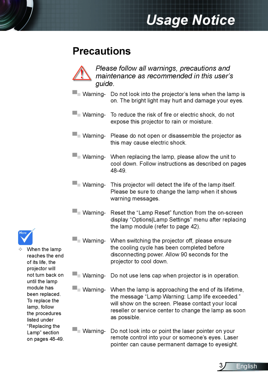 Optoma Technology TH1020 manual Precautions 