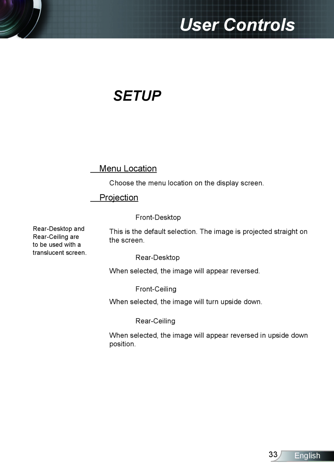 Optoma Technology TH1020 manual Menu Location, Projection 