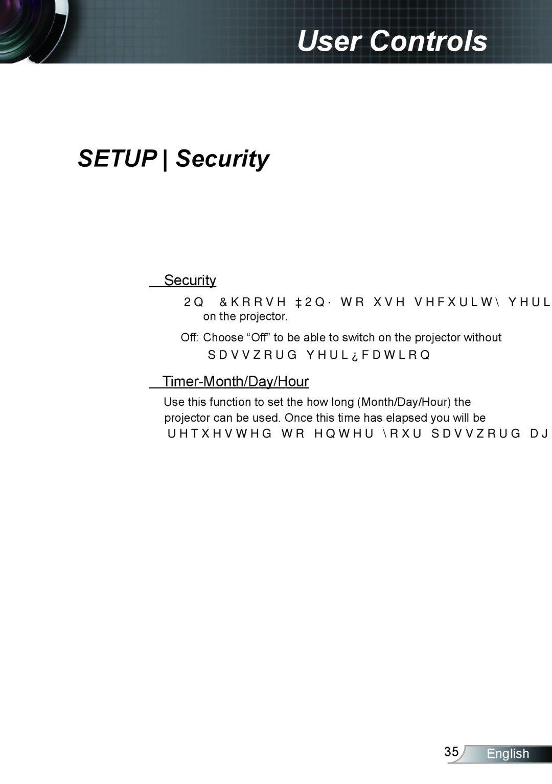 Optoma Technology TH1020 manual Setup Security, Timer-Month/Day/Hour 