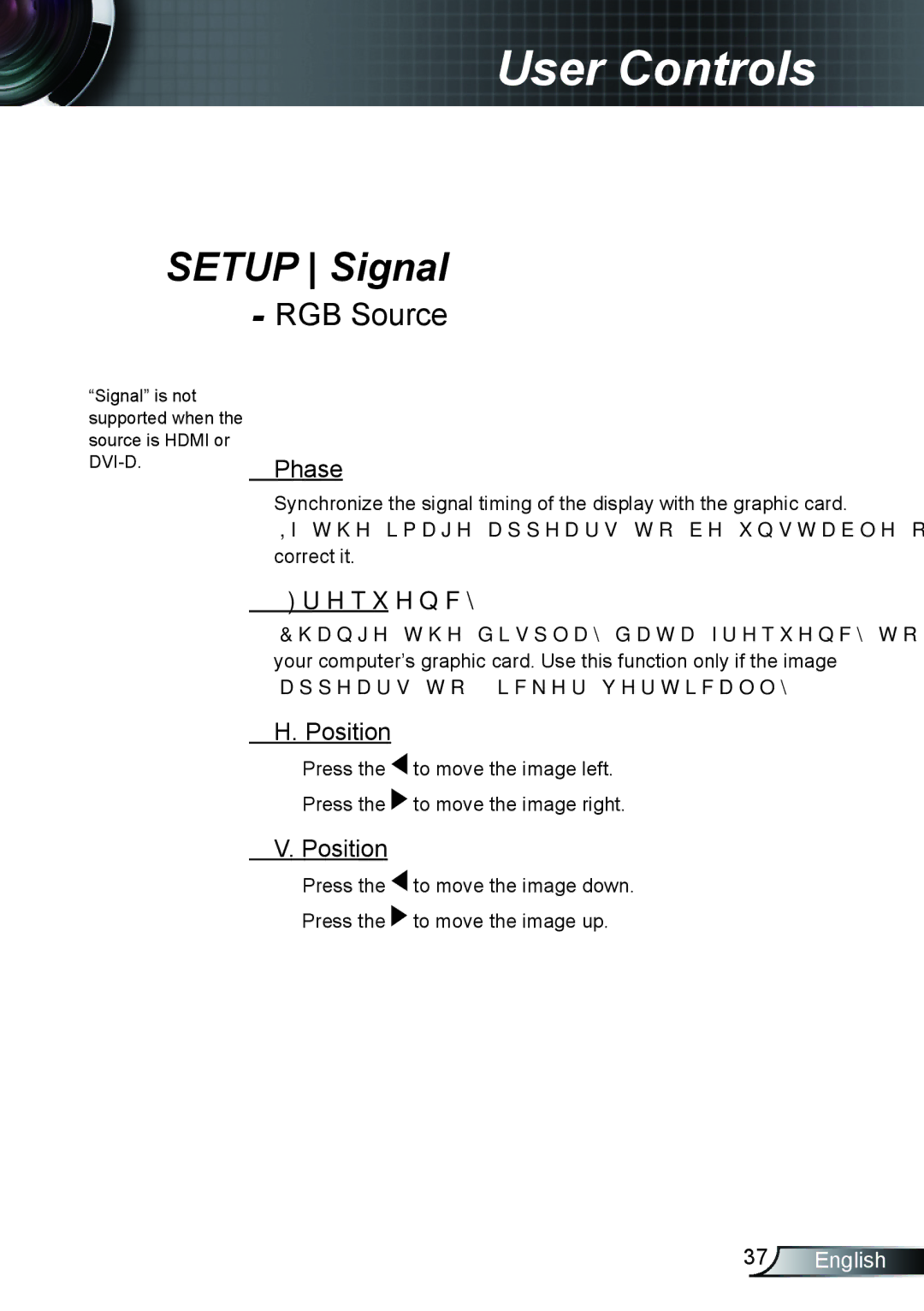 Optoma Technology TH1020 manual Setup Signal, Phase, Frequency, Position 