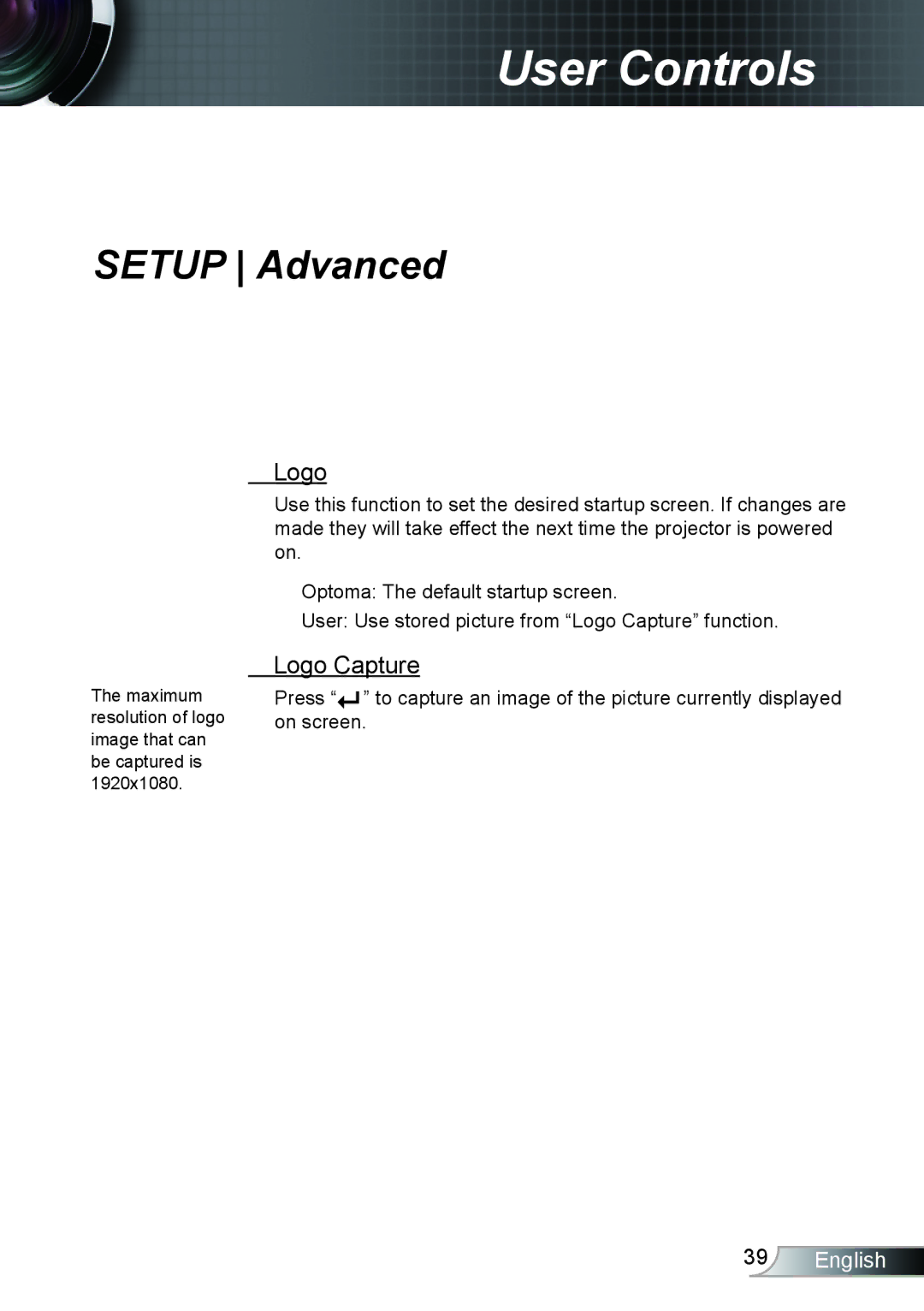 Optoma Technology TH1020 manual Setup Advanced, Logo Capture 