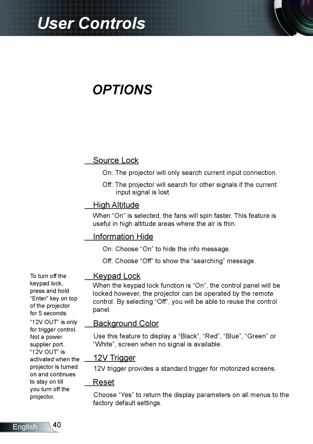 Optoma Technology TH1020 manual Source Lock, High Altitude, Information Hide, Keypad Lock, Background Color, 12V Trigger 