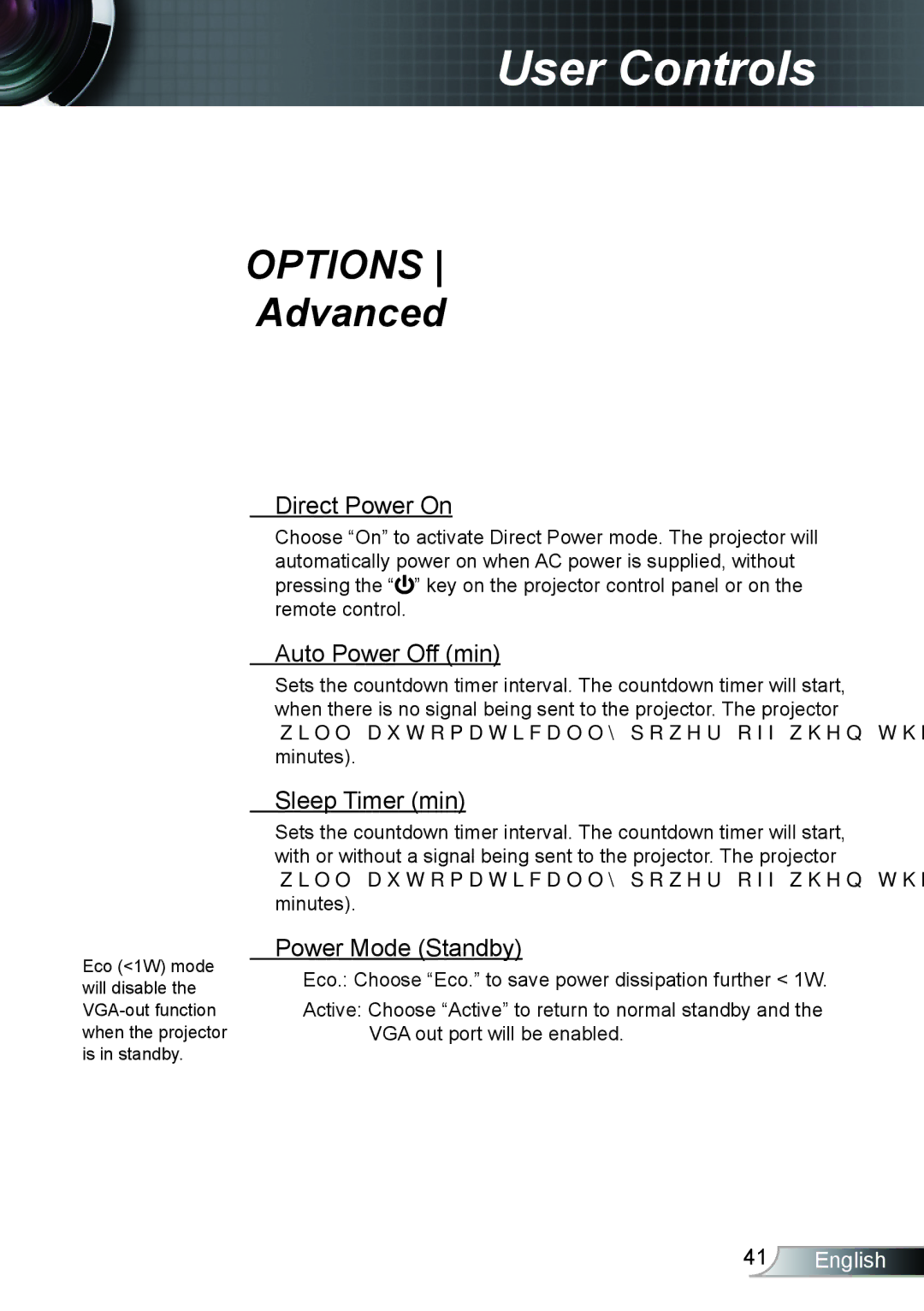 Optoma Technology TH1020 manual Options Advanced, Direct Power On, Auto Power Off min, Sleep Timer min, Power Mode Standby 