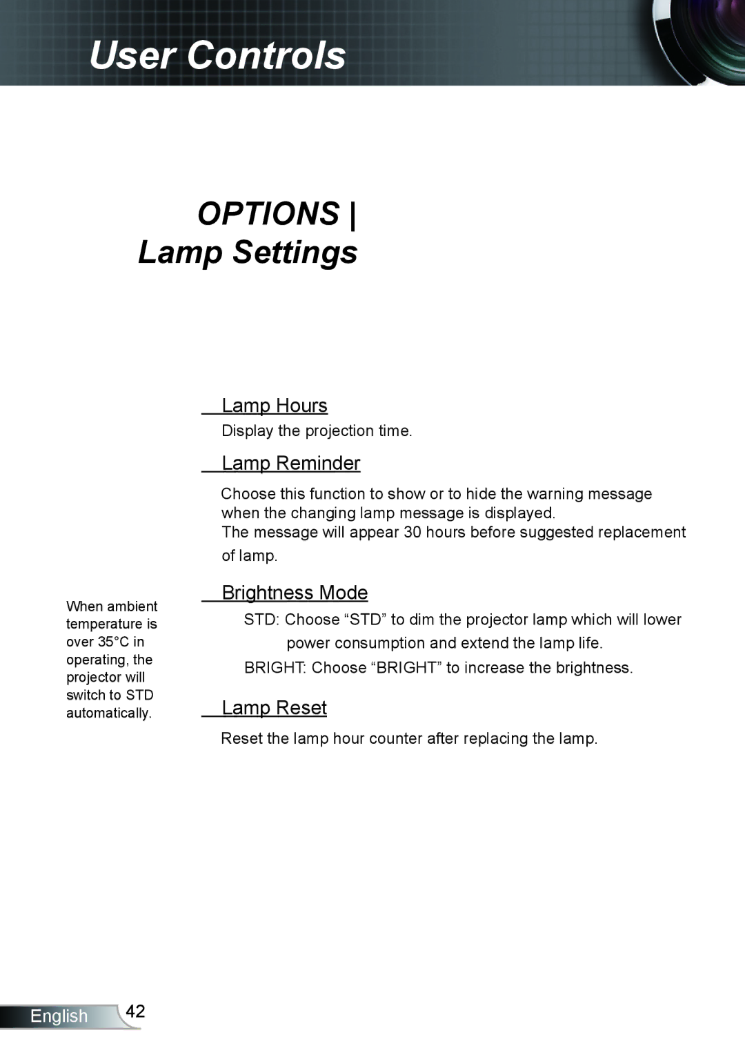 Optoma Technology TH1020 manual Options Lamp Settings, Lamp Hours, Lamp Reminder, Brightness Mode, Lamp Reset 