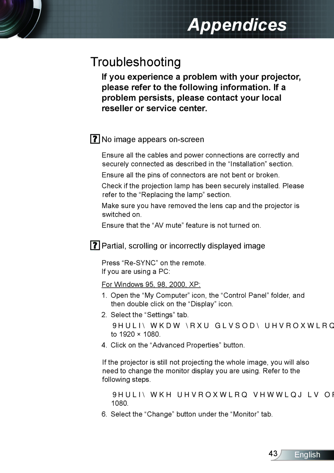 Optoma Technology TH1020 manual No image appears on-screen, Partial, scrolling or incorrectly displayed image 