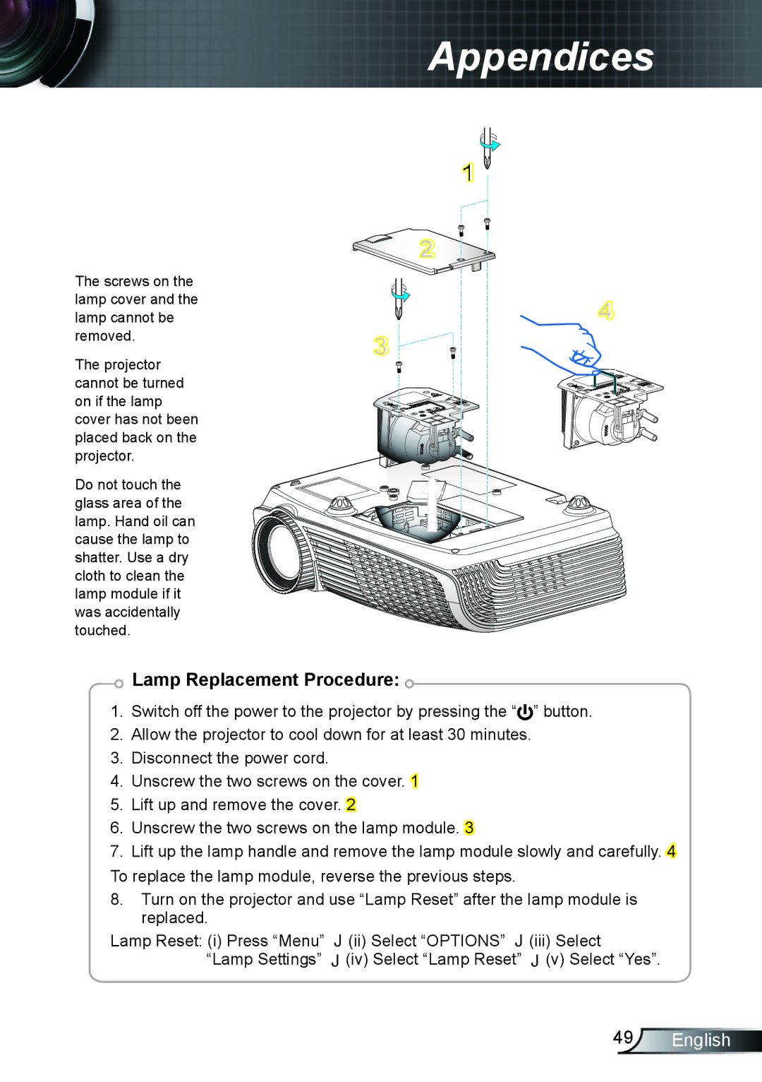 Optoma Technology TH1020 manual Lamp Replacement Procedure 