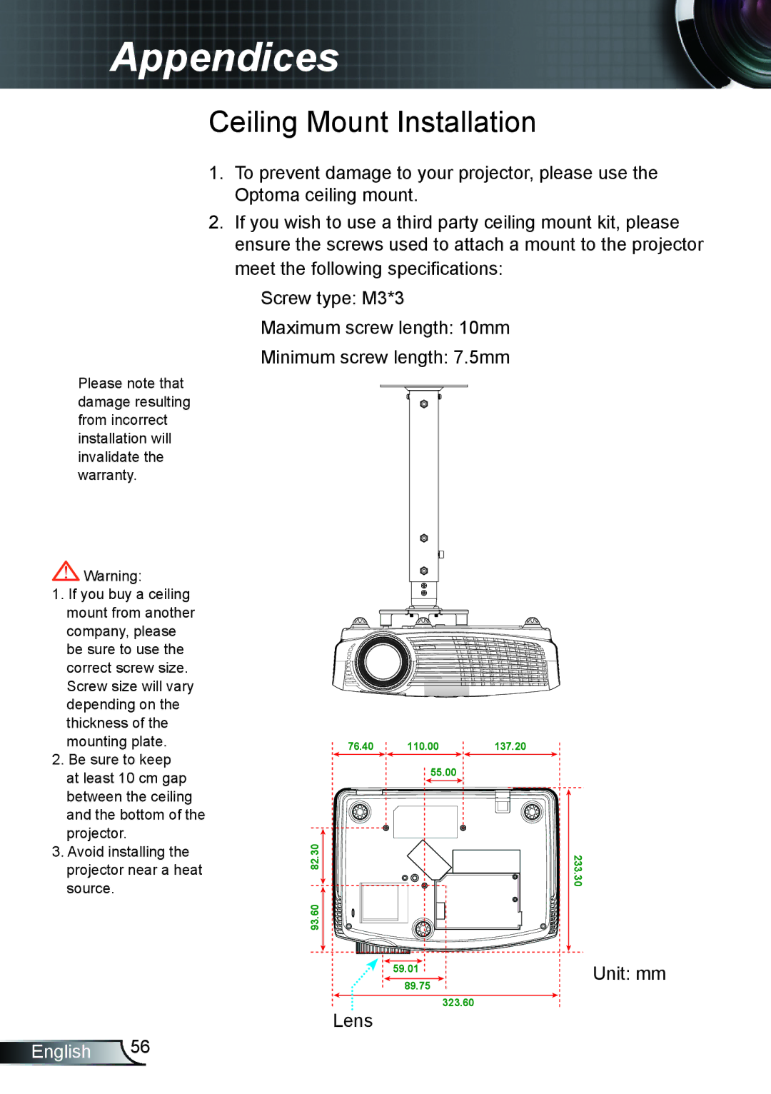 Optoma Technology TH1020 manual Ceiling Mount Installation, Lens 