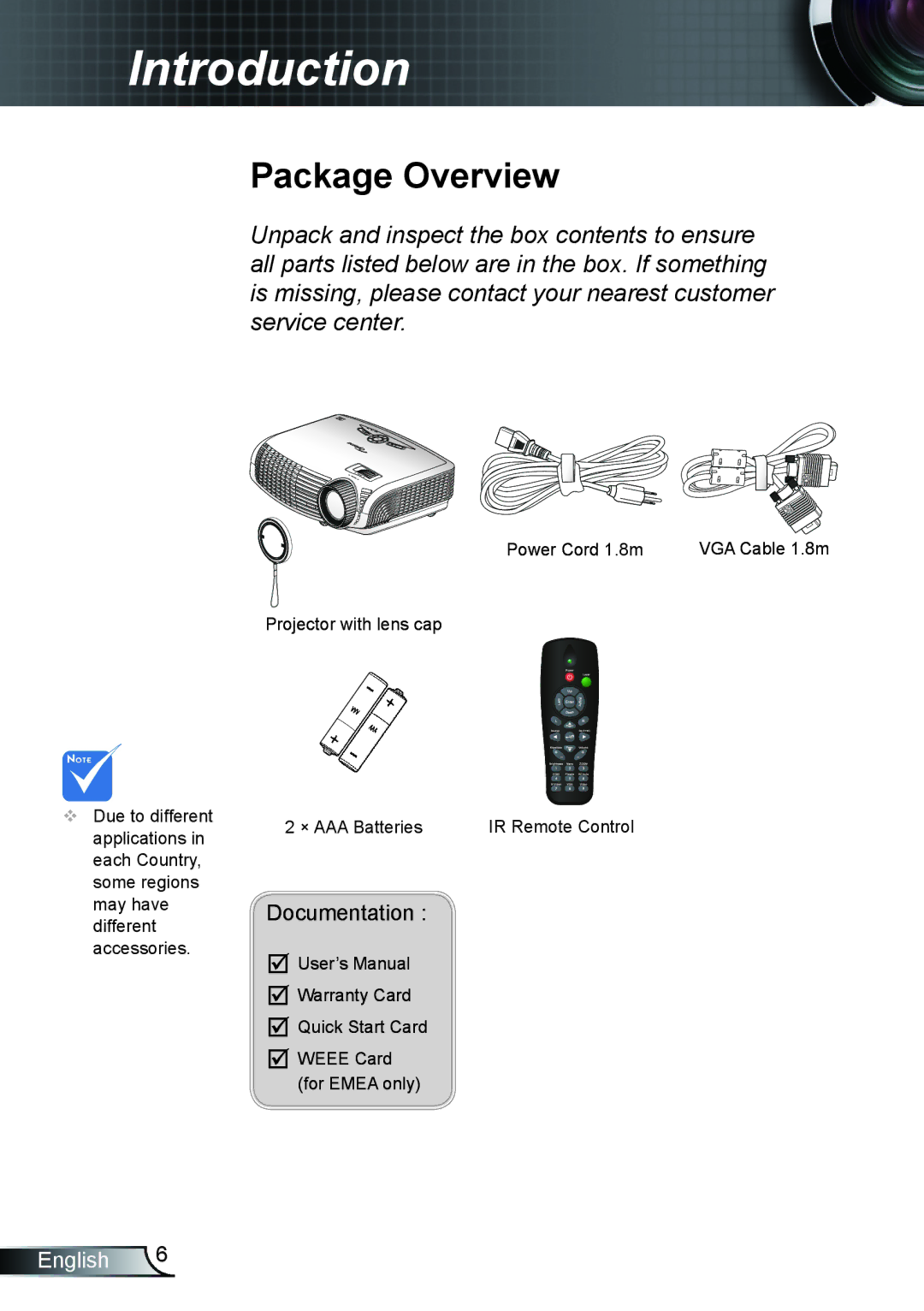 Optoma Technology TH1020 manual Package Overview, Documentation 