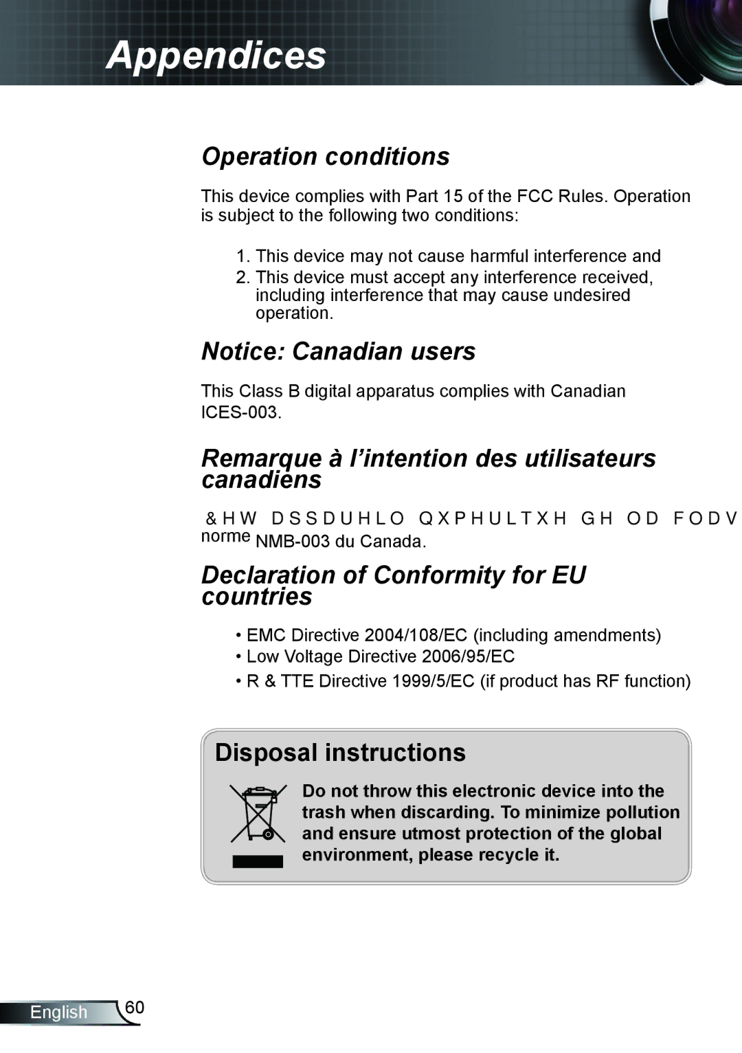 Optoma Technology TH1020 manual Remarque à l’intention des utilisateurs canadiens 
