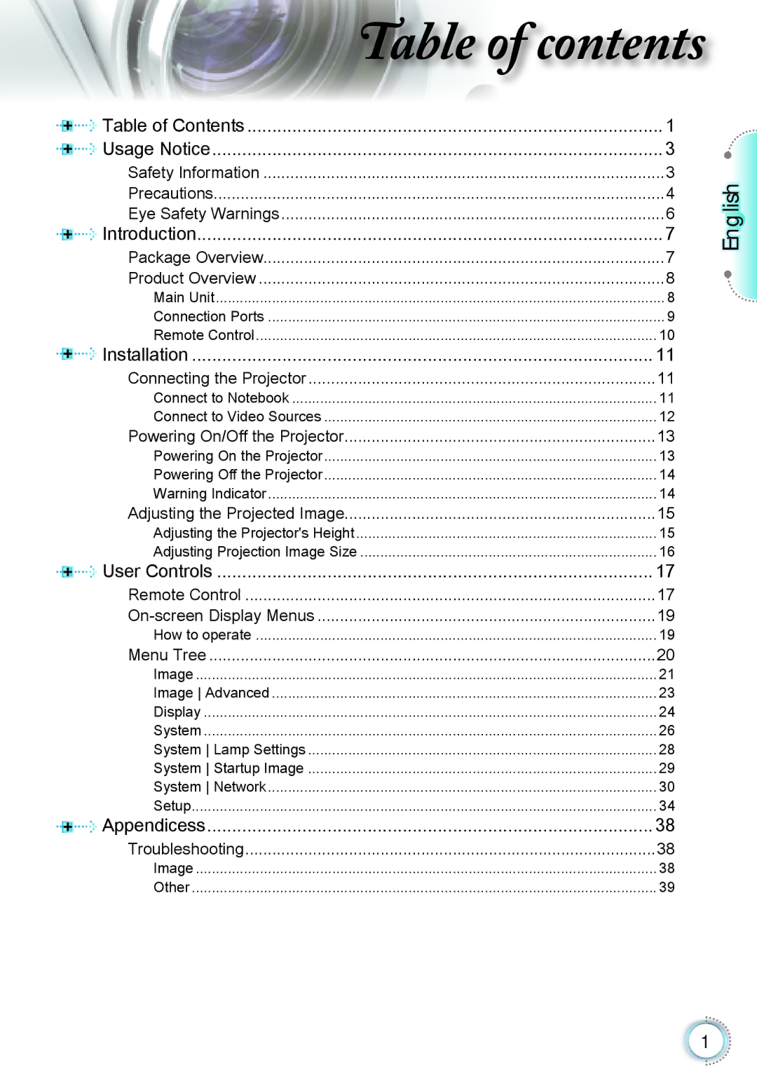 Optoma Technology TH1060P manual Table of contents 