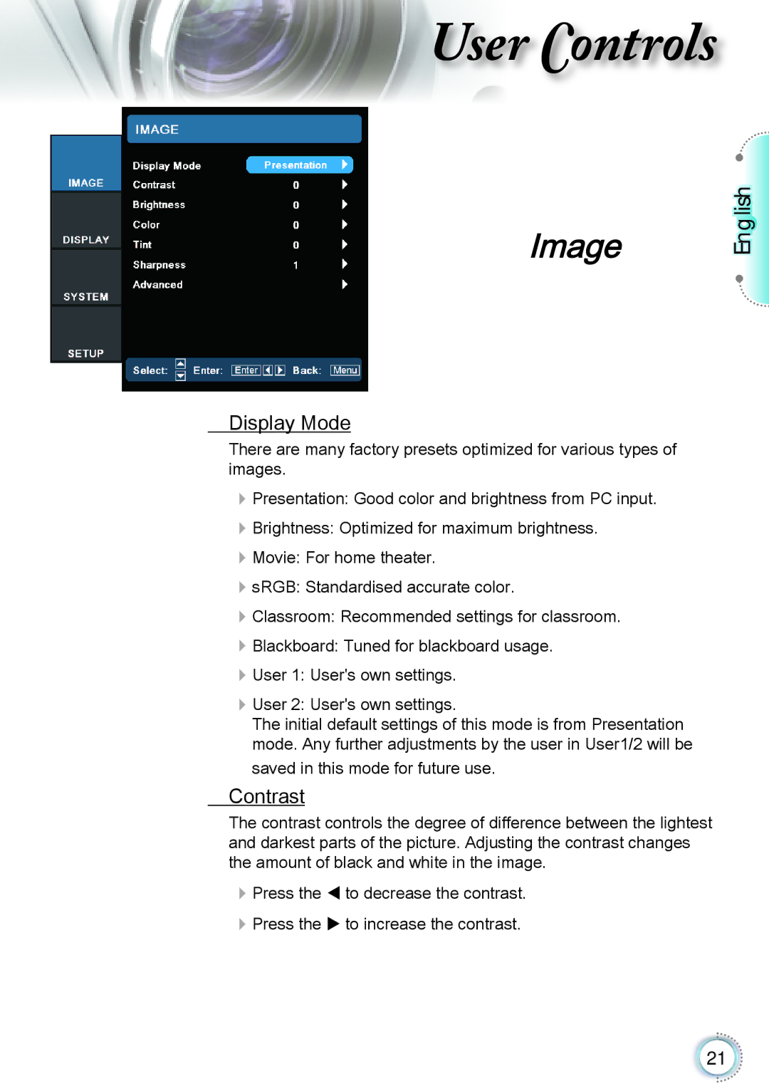 Optoma Technology TH1060P manual Image, Display Mode, Contrast 