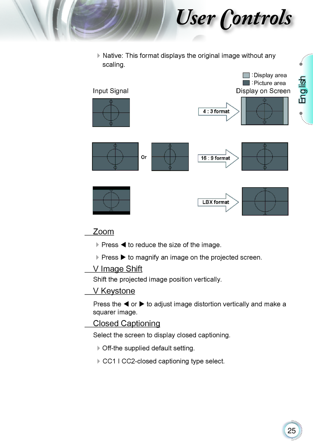 Optoma Technology TH1060P manual Zoom, Image Shift, Keystone, Closed Captioning 