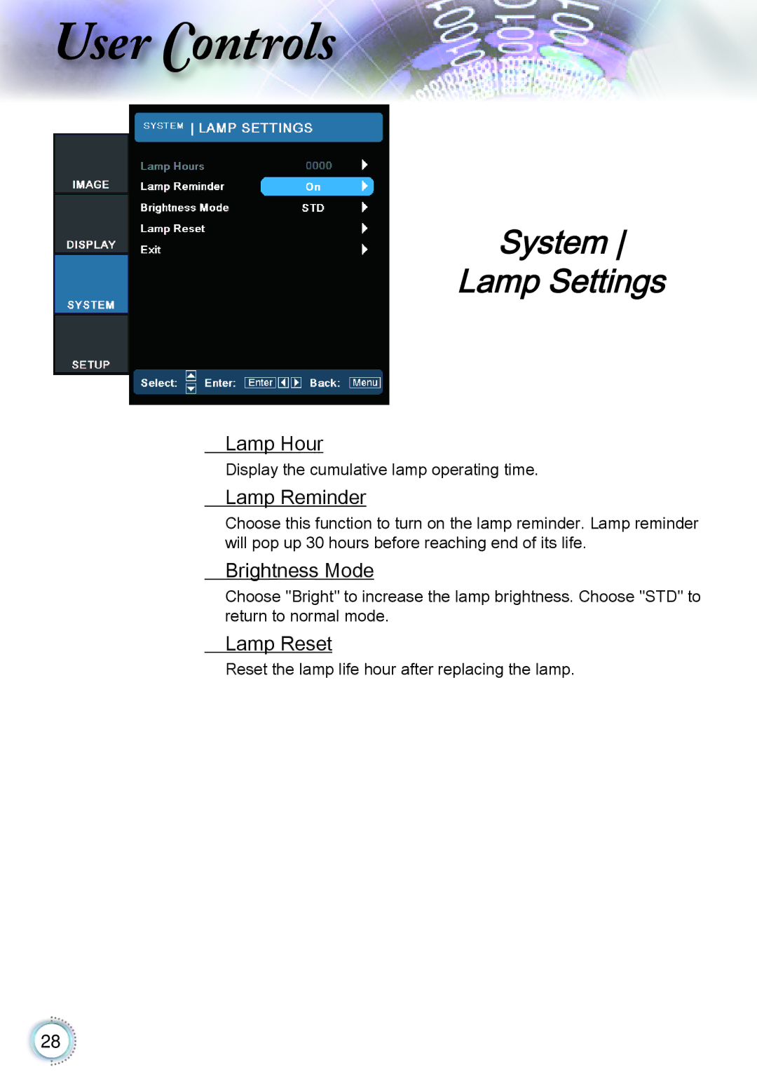 Optoma Technology TH1060P manual System Lamp Settings, Lamp Hour, Lamp Reminder, Brightness Mode, Lamp Reset 