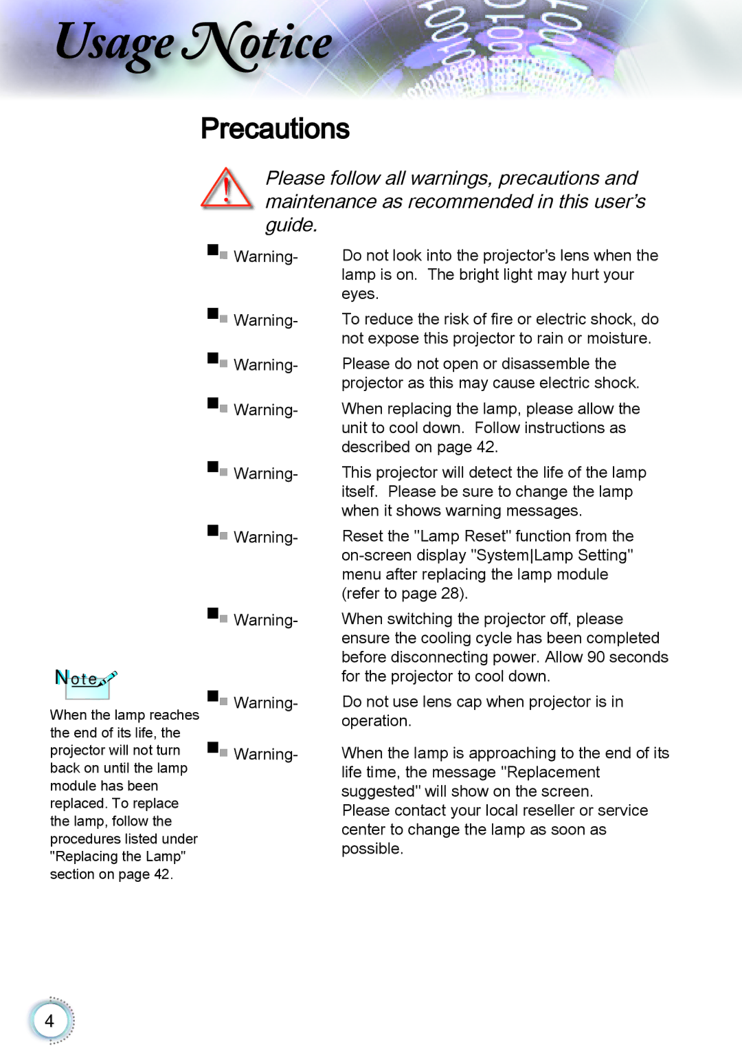 Optoma Technology TH1060P manual Precautions 