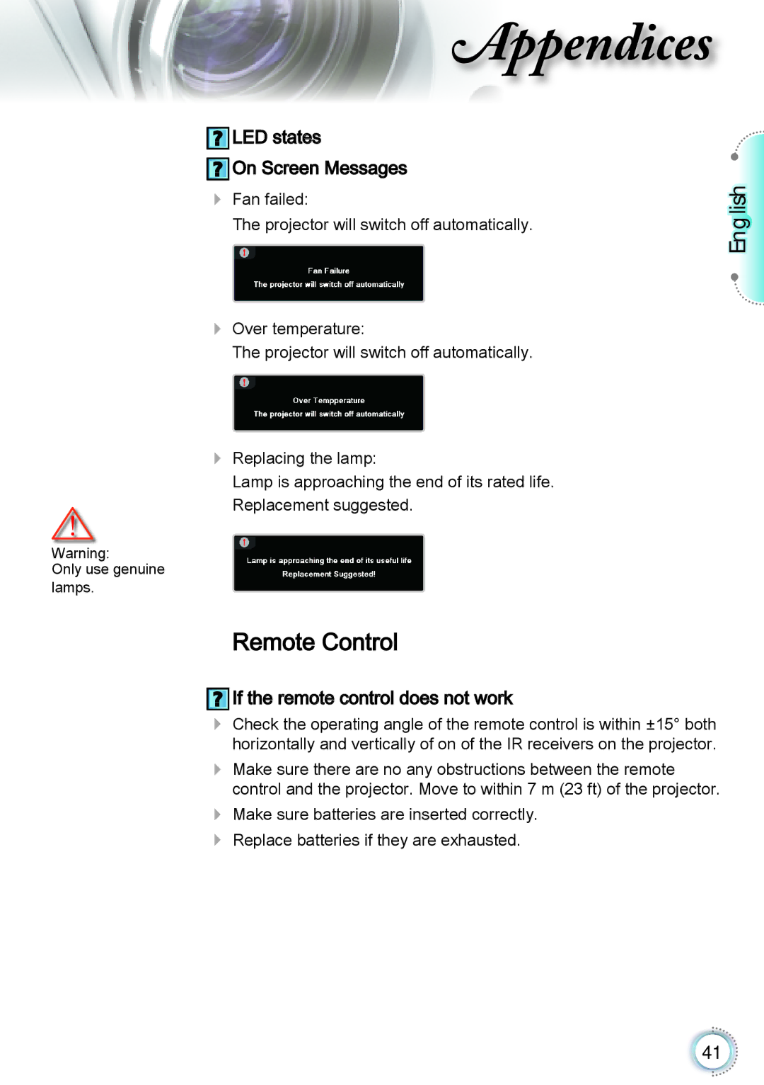 Optoma Technology TH1060P manual LED states On Screen Messages, If the remote control does not work 