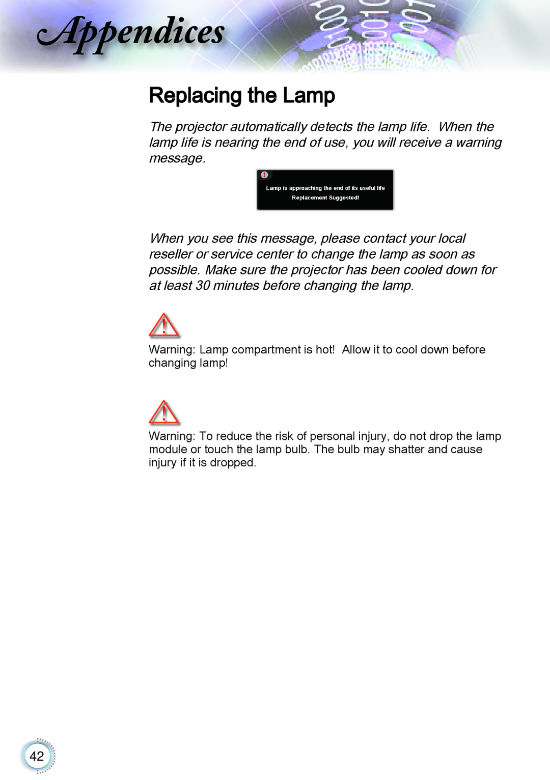 Optoma Technology TH1060P manual Replacing the Lamp 