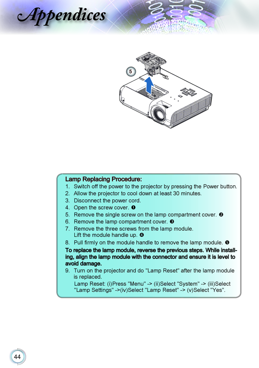 Optoma Technology TH1060P manual Lamp Replacing Procedure 