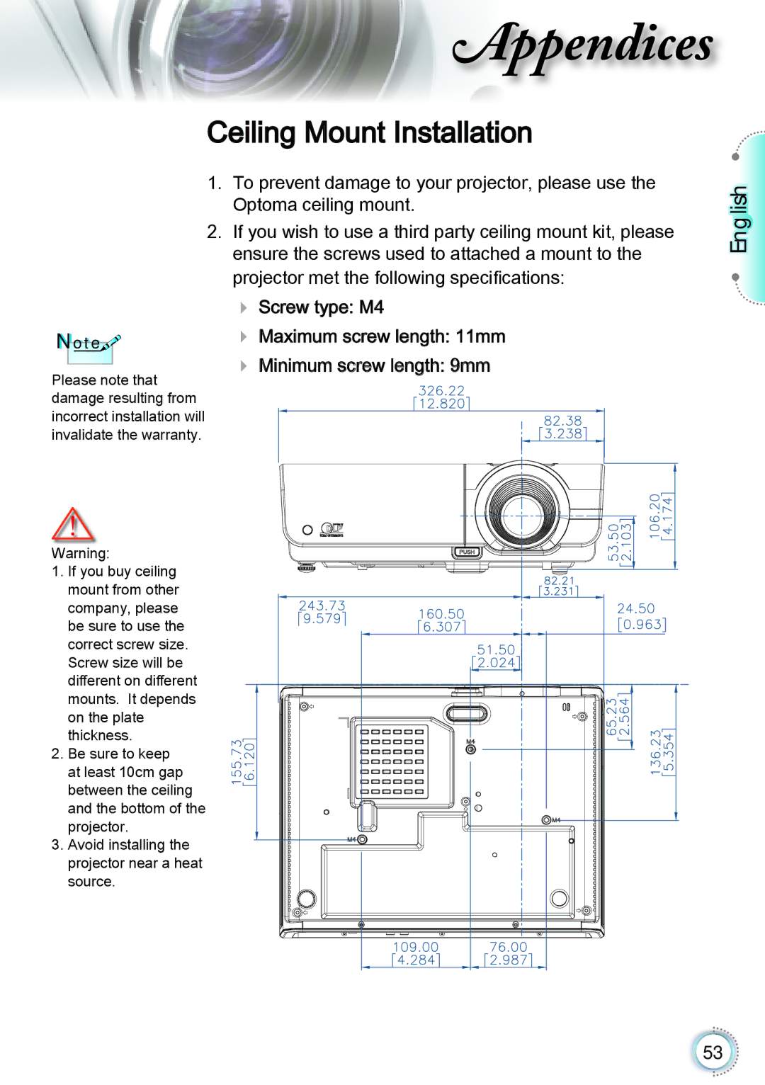 Optoma Technology TH1060P manual Ceiling Mount Installation 