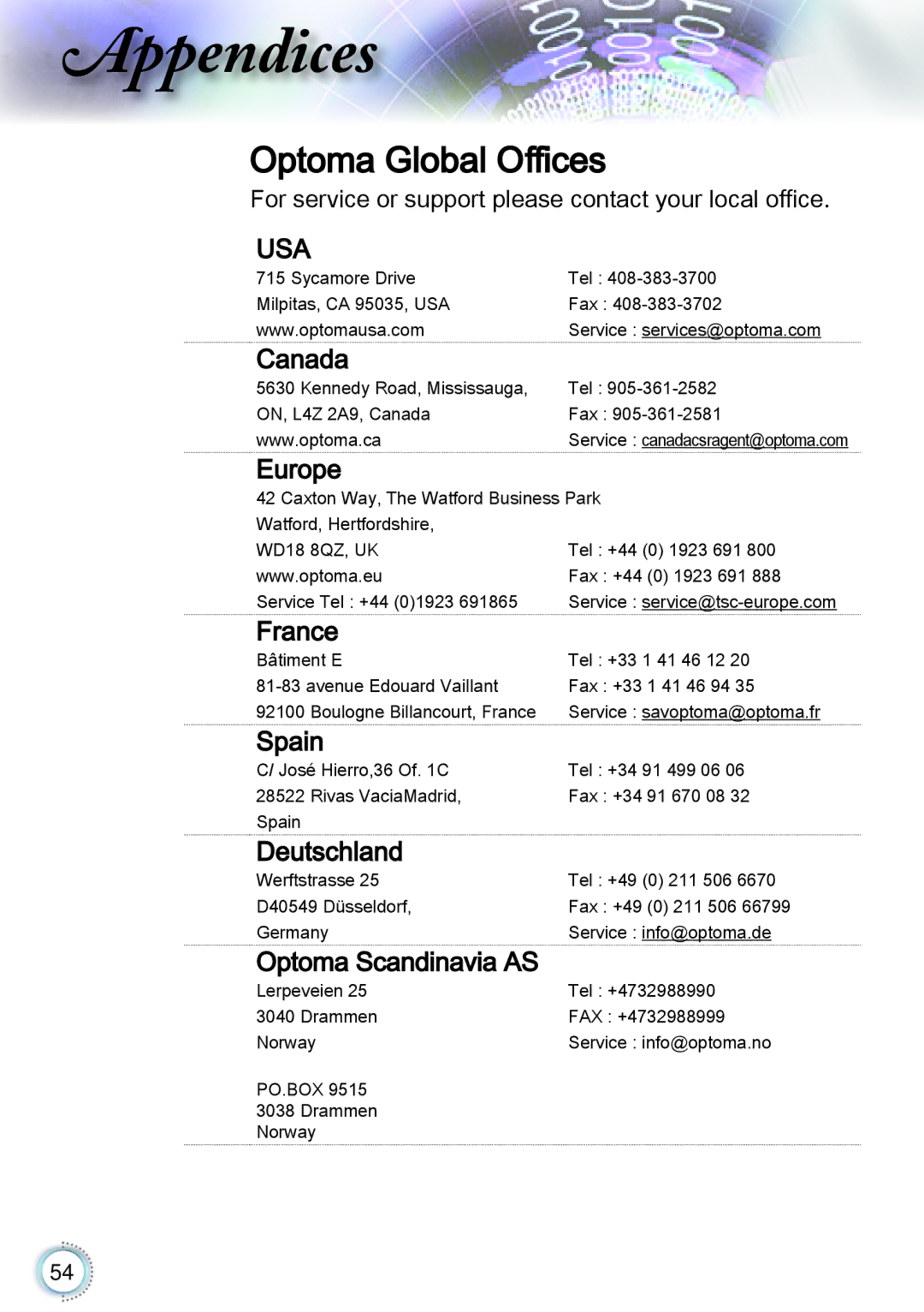 Optoma Technology TH1060P manual Optoma Global Offices, For service or support please contact your local office 