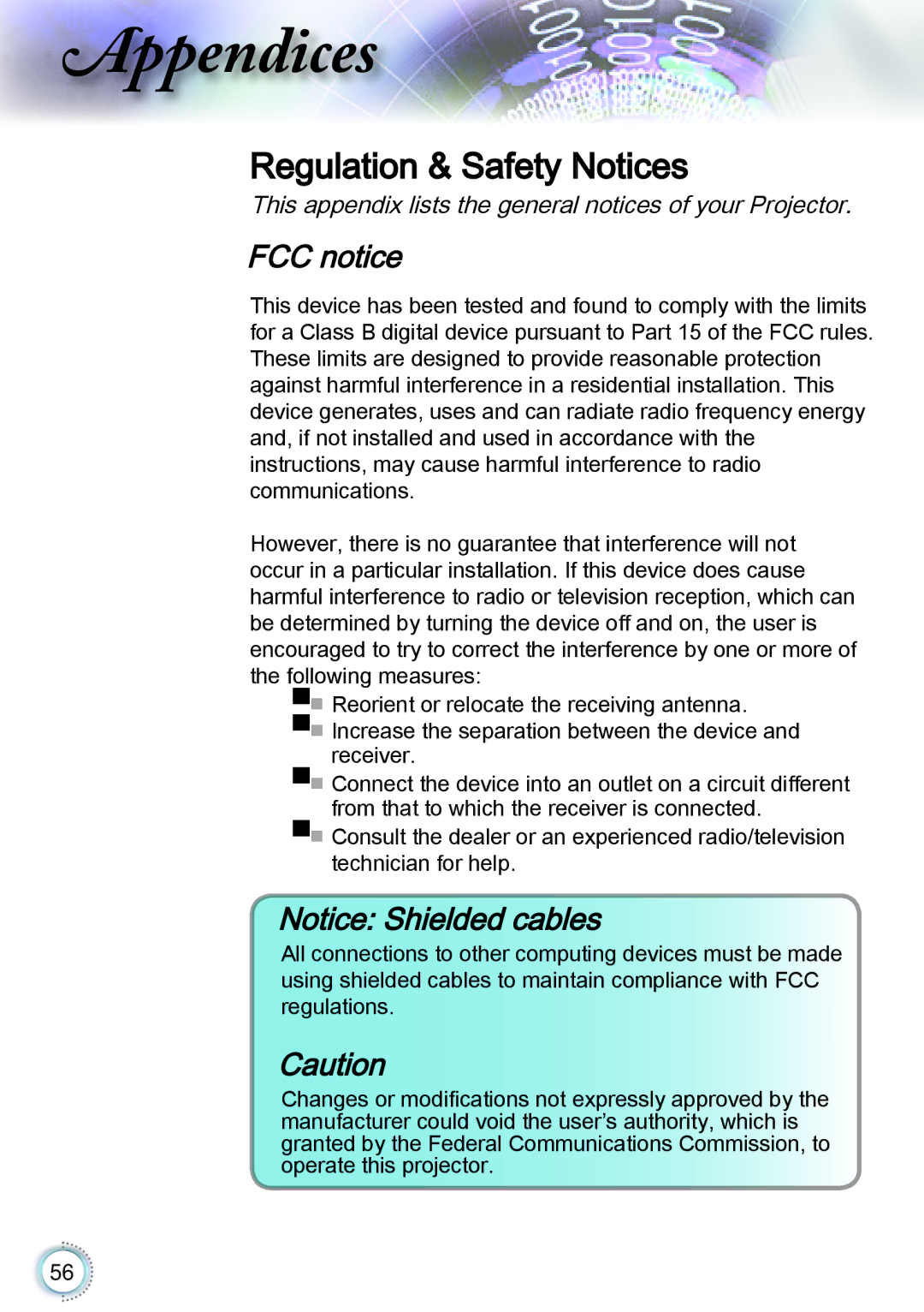 Optoma Technology TH1060P manual Regulation & Safety Notices, FCC notice 