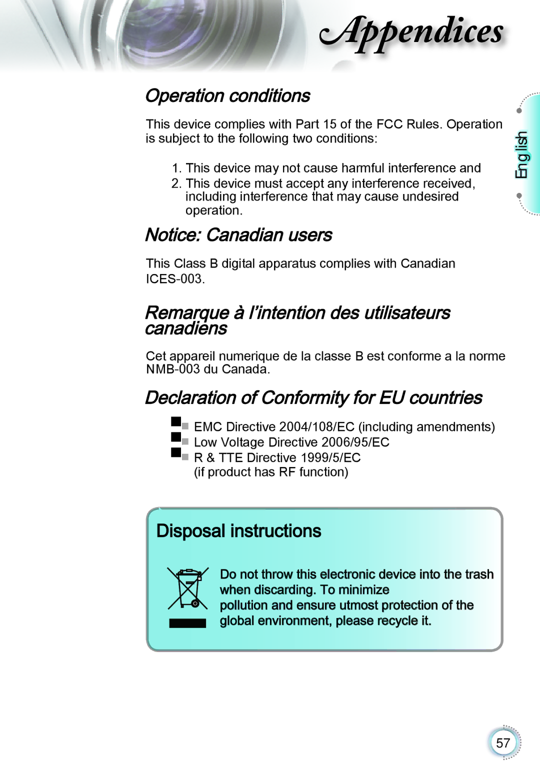 Optoma Technology TH1060P manual Remarque à l’intention des utilisateurs canadiens 