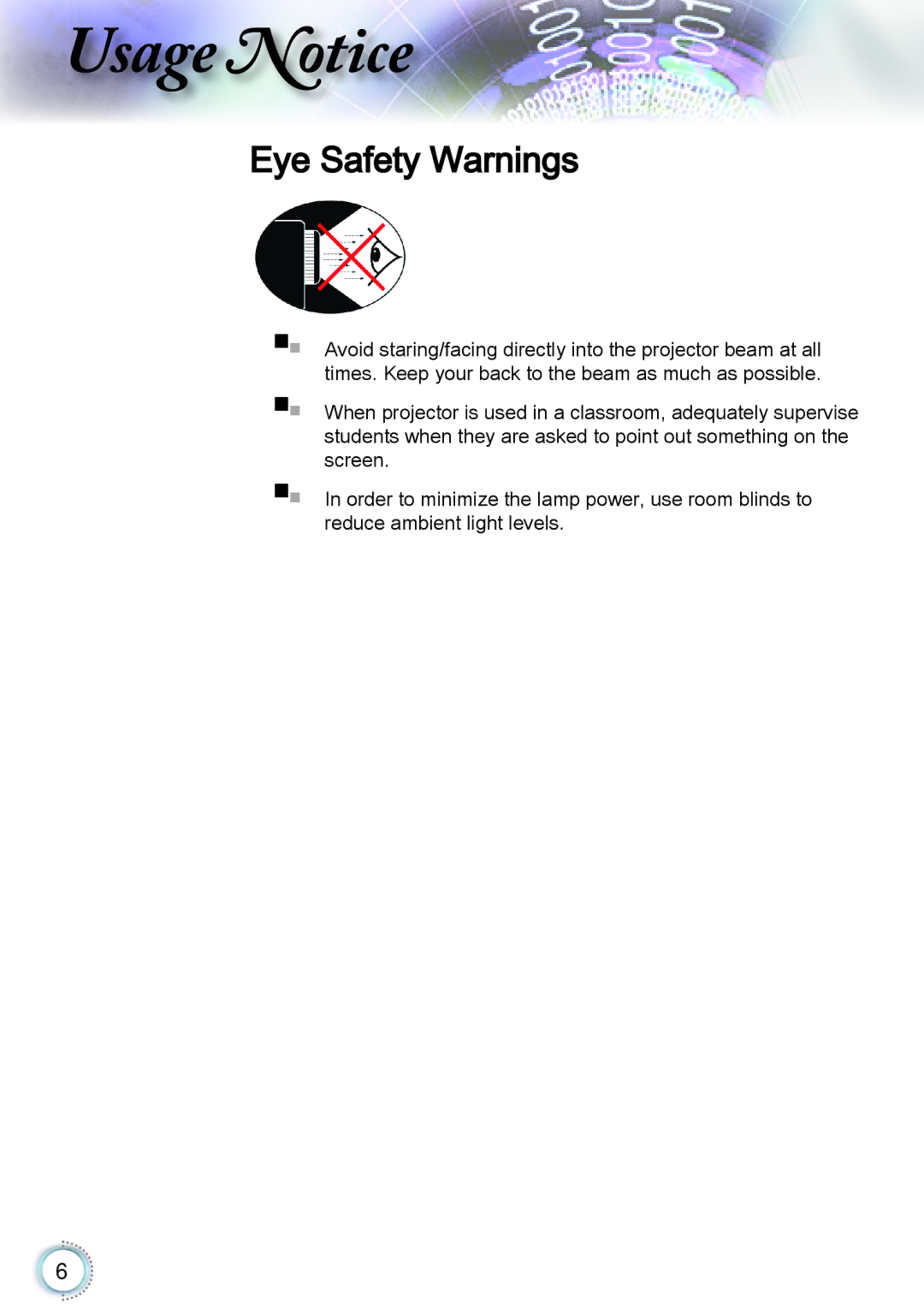 Optoma Technology TH1060P manual Eye Safety Warnings 