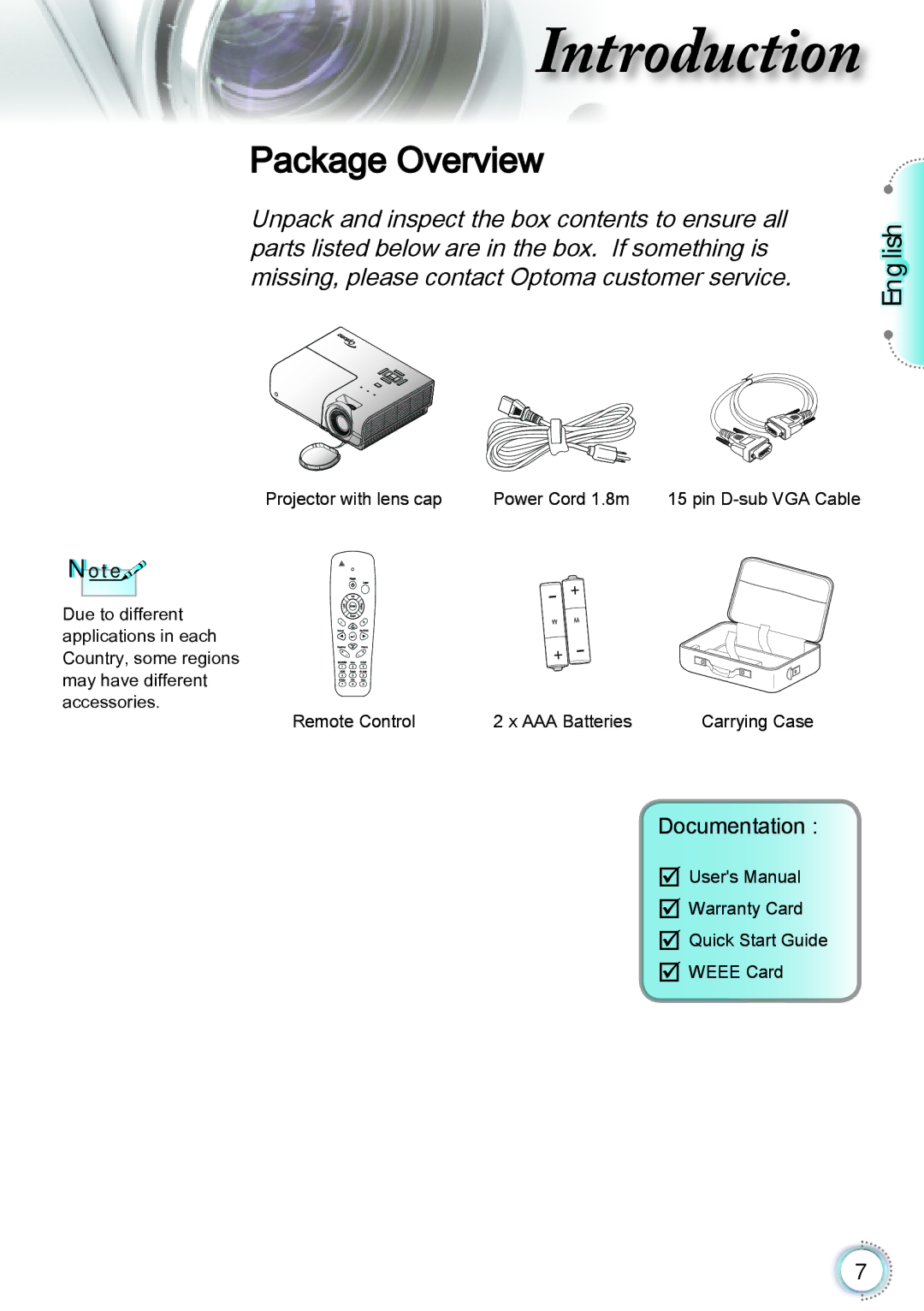 Optoma Technology TH1060P manual Package Overview, Documentation 