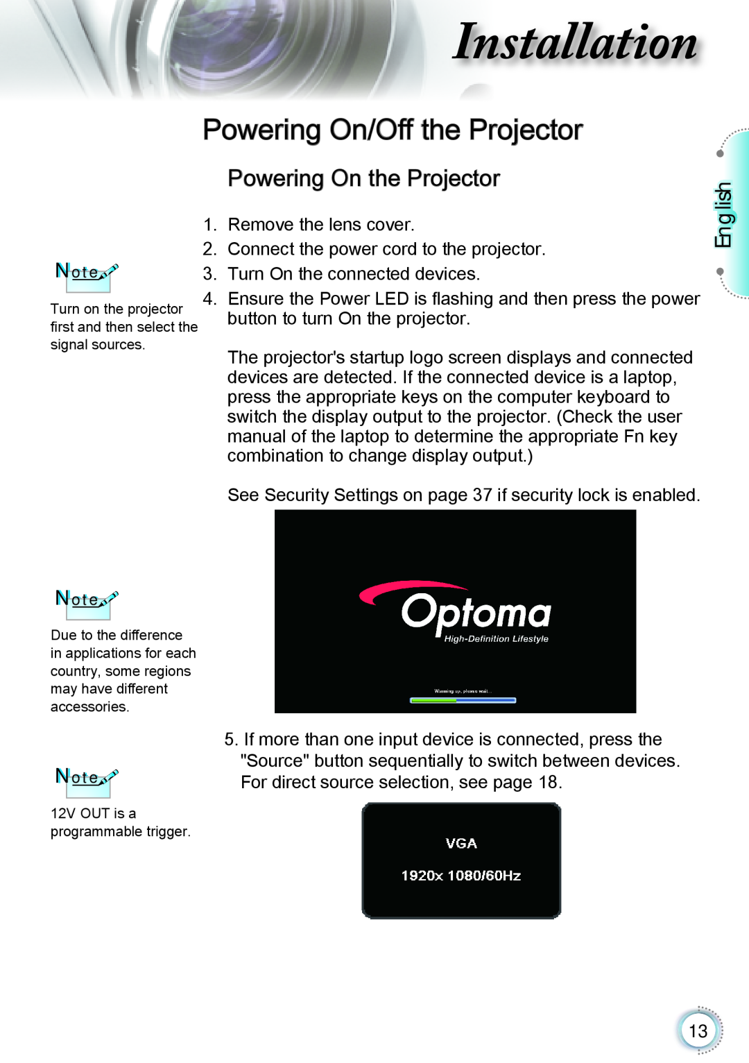 Optoma Technology TH1060P manual Powering On/Off the Projector, Powering On the Projector, Installation, English 