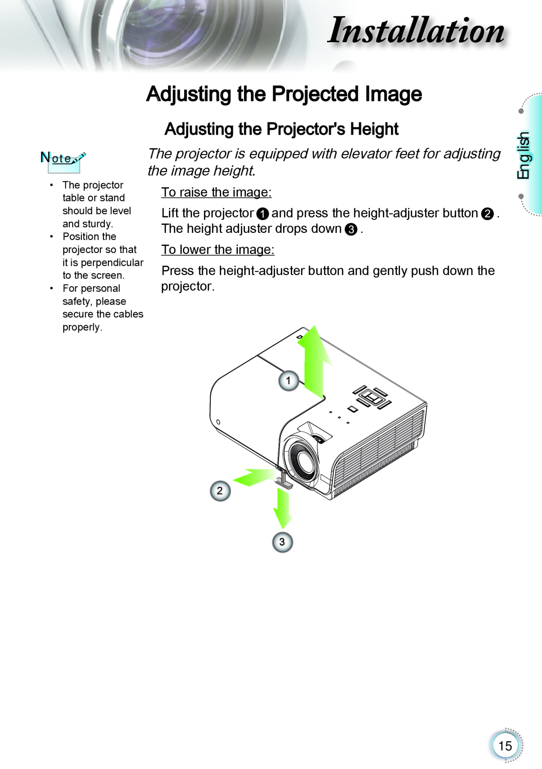 Optoma Technology TH1060P manual Adjusting the Projected Image, Adjusting the Projectors Height, Installation, English 