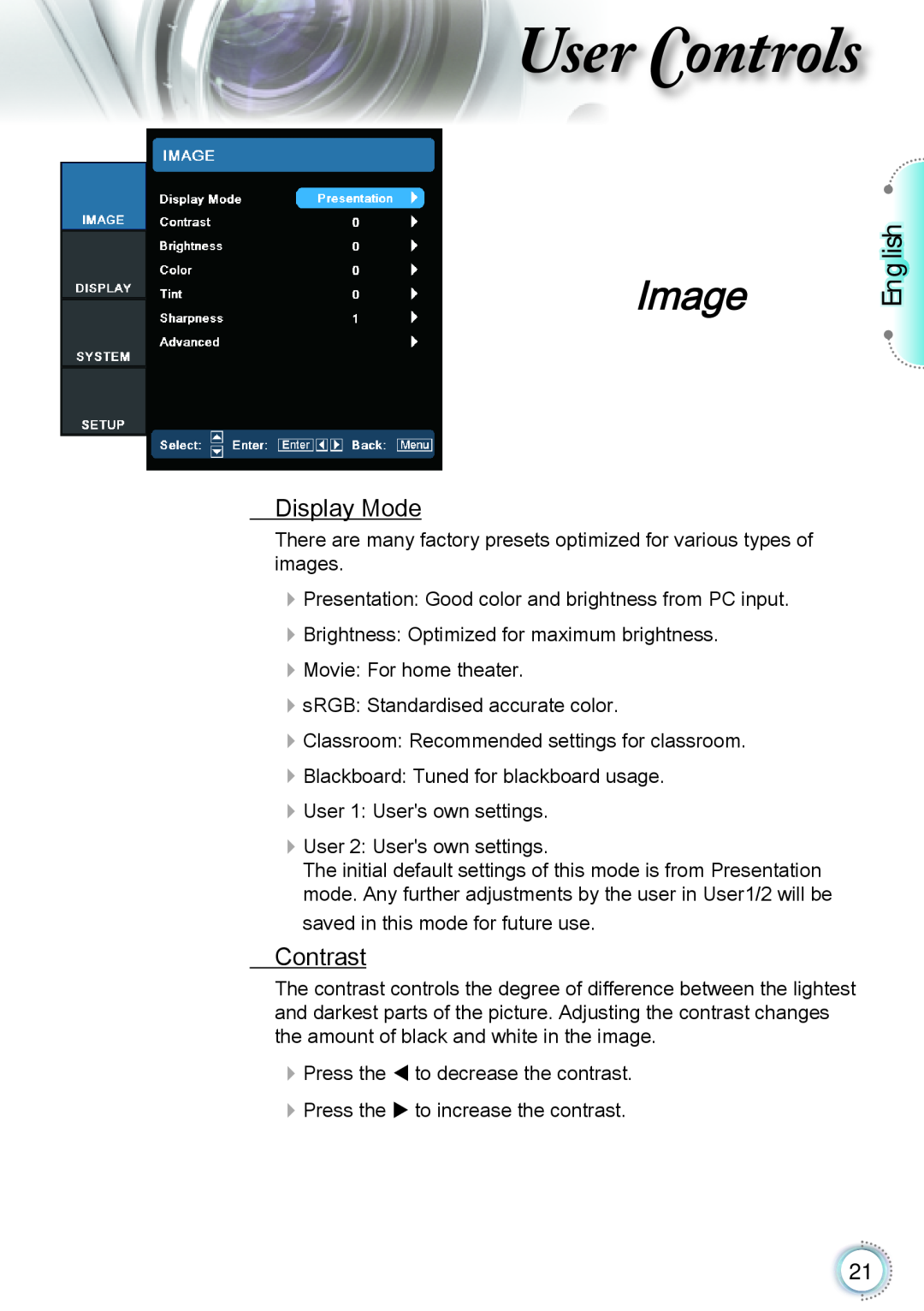 Optoma Technology TH1060P manual Image, Display Mode, Contrast, User Controls, English 