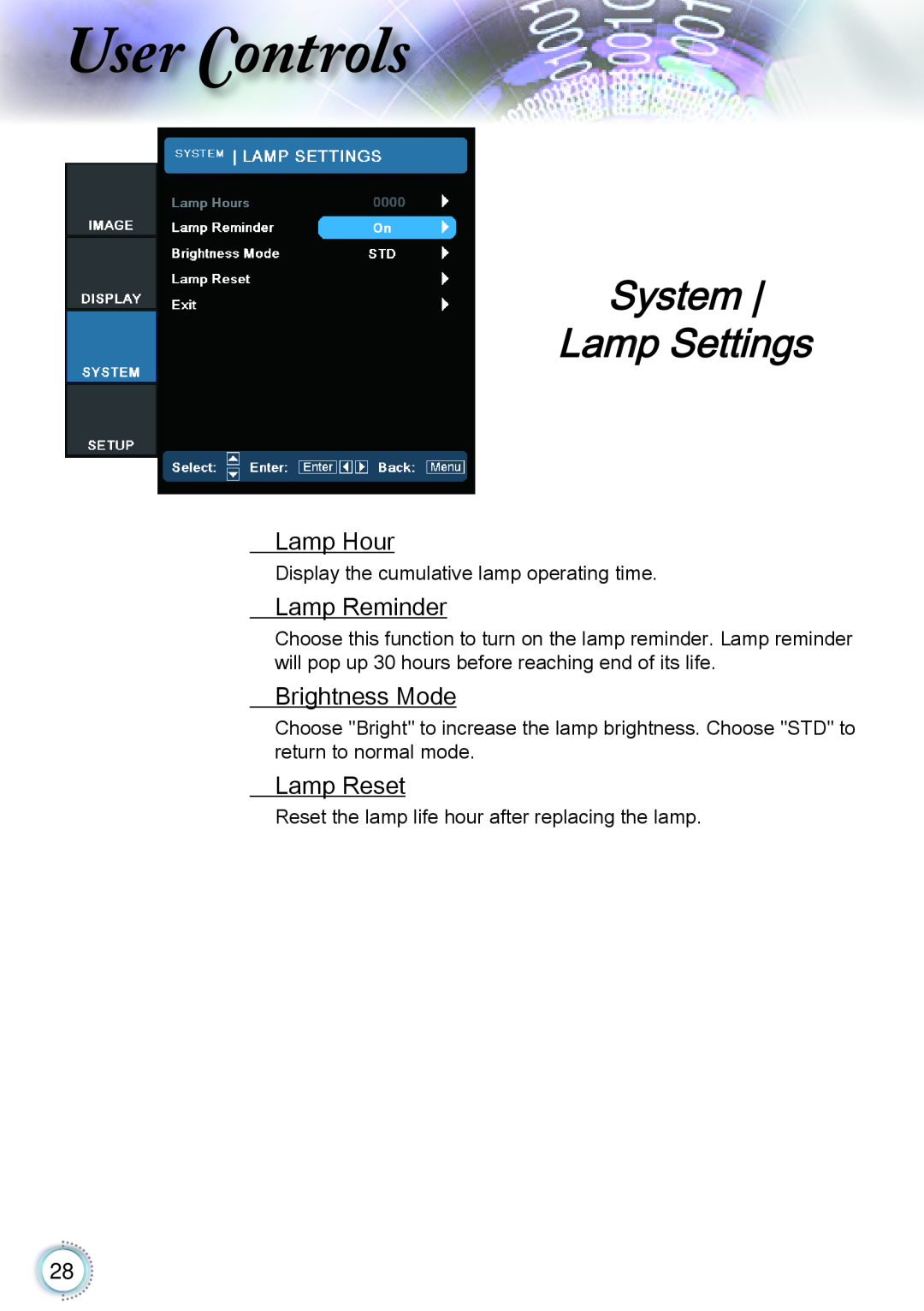 Optoma Technology TH1060P manual System Lamp Settings, Lamp Hour, Lamp Reminder, Brightness Mode, Lamp Reset, User Controls 