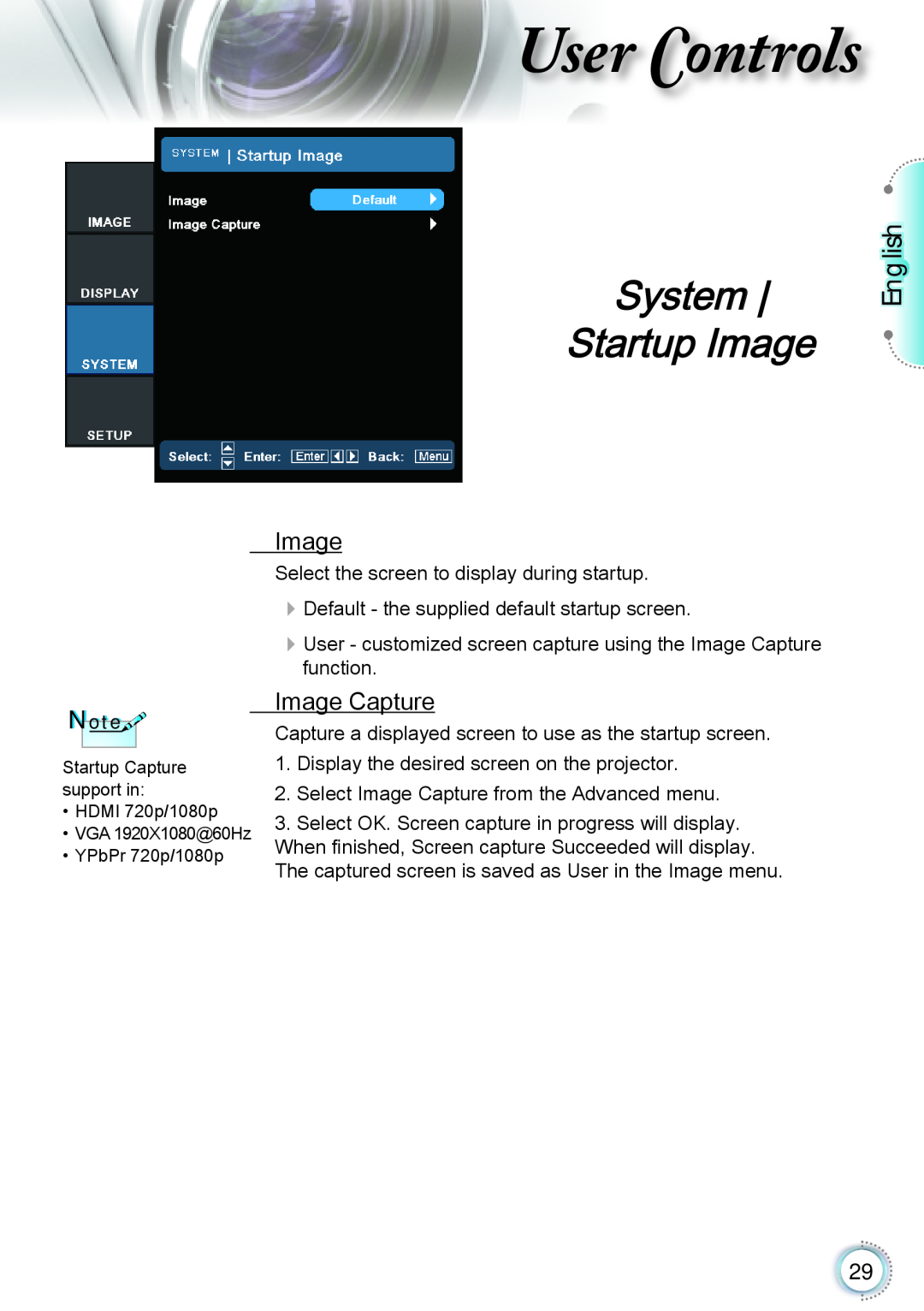 Optoma Technology TH1060P manual System Startup Image, Image Capture, User Controls, English 