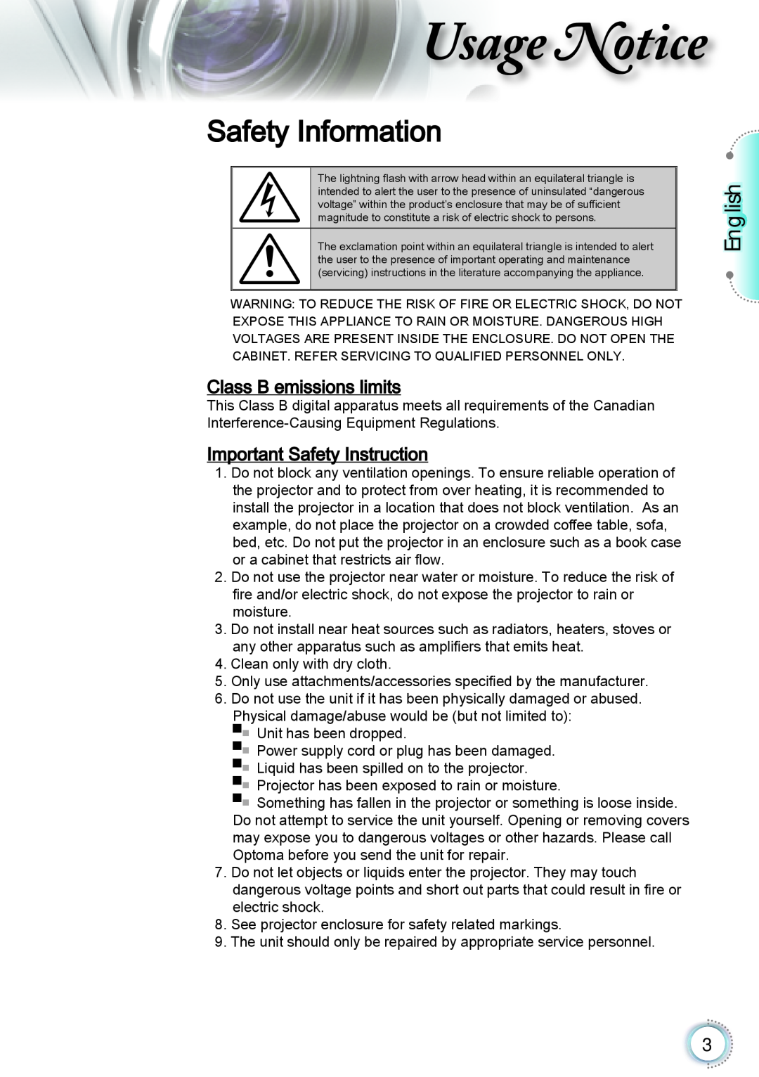 Optoma Technology TH1060P manual Usage Notice, Safety Information, English 
