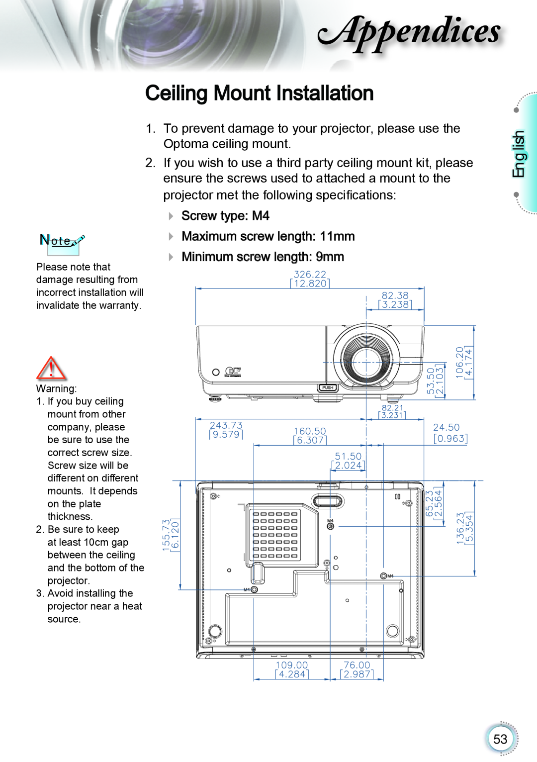 Optoma Technology TH1060P manual Ceiling Mount Installation, Appendices, English 