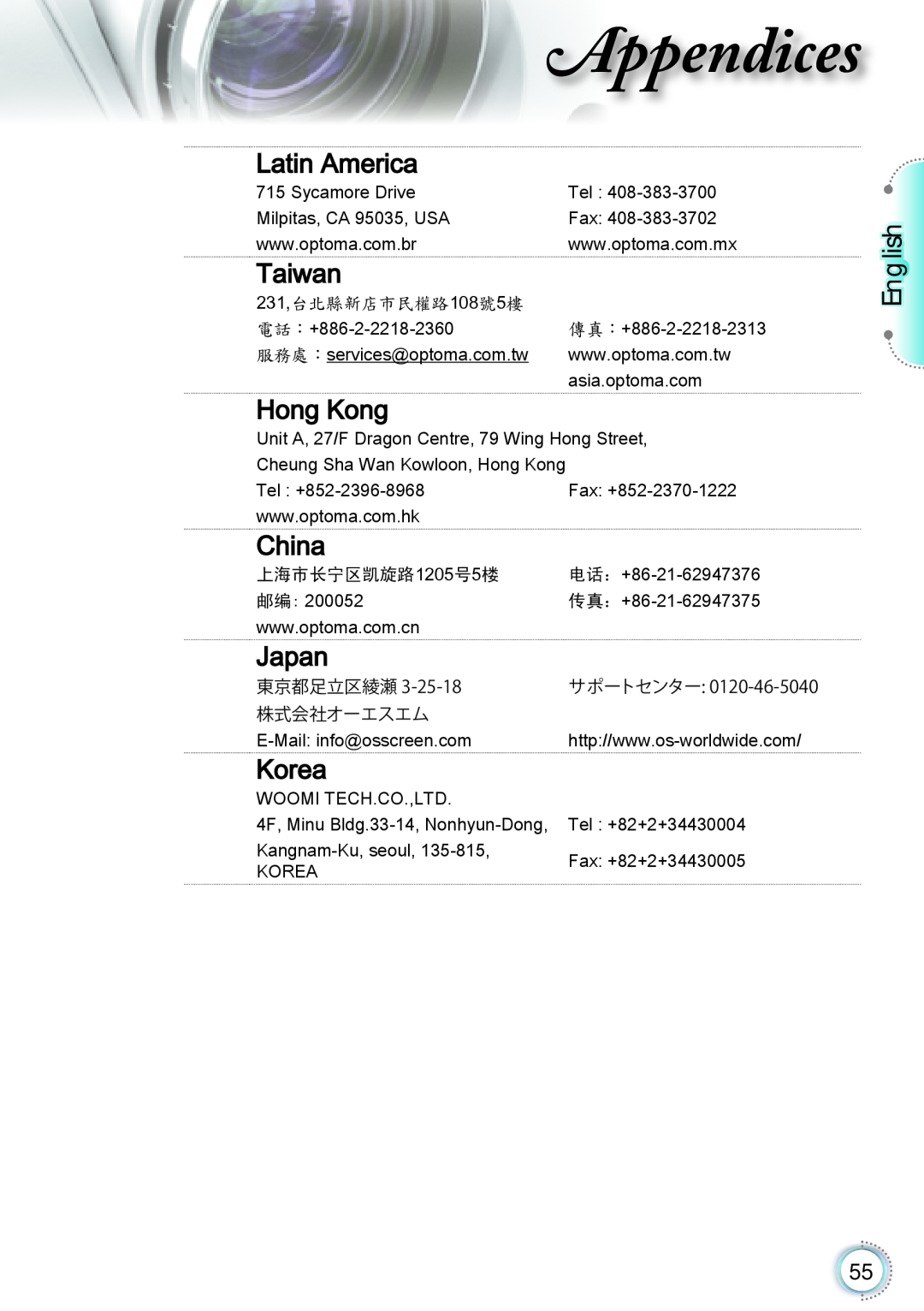 Optoma Technology TH1060P manual Latin America, Taiwan, Hong Kong, China, Japan, Korea, Appendices, English 