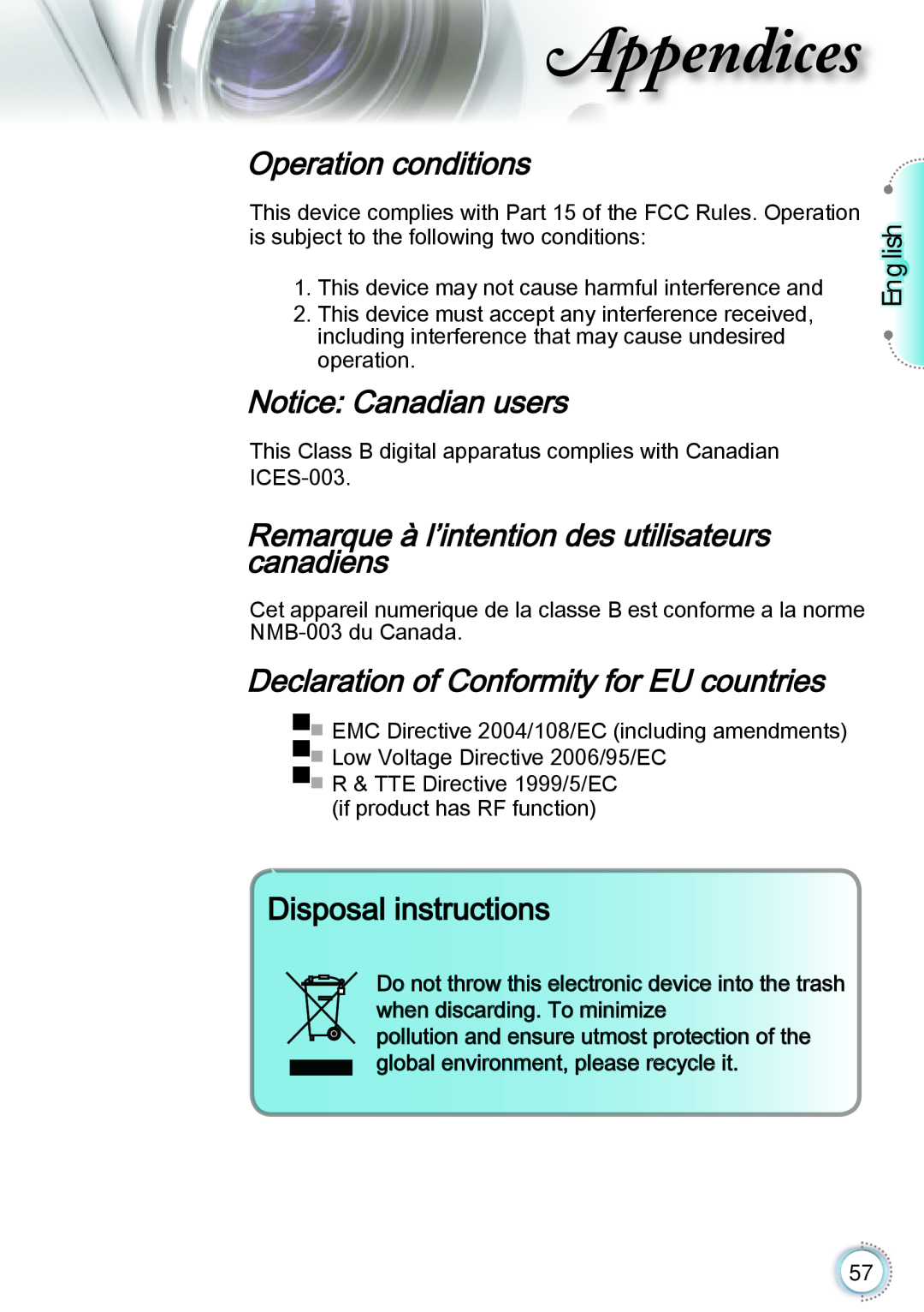 Optoma Technology TH1060P Operation conditions, Notice Canadian users, Remarque à l’intention des utilisateurs canadiens 