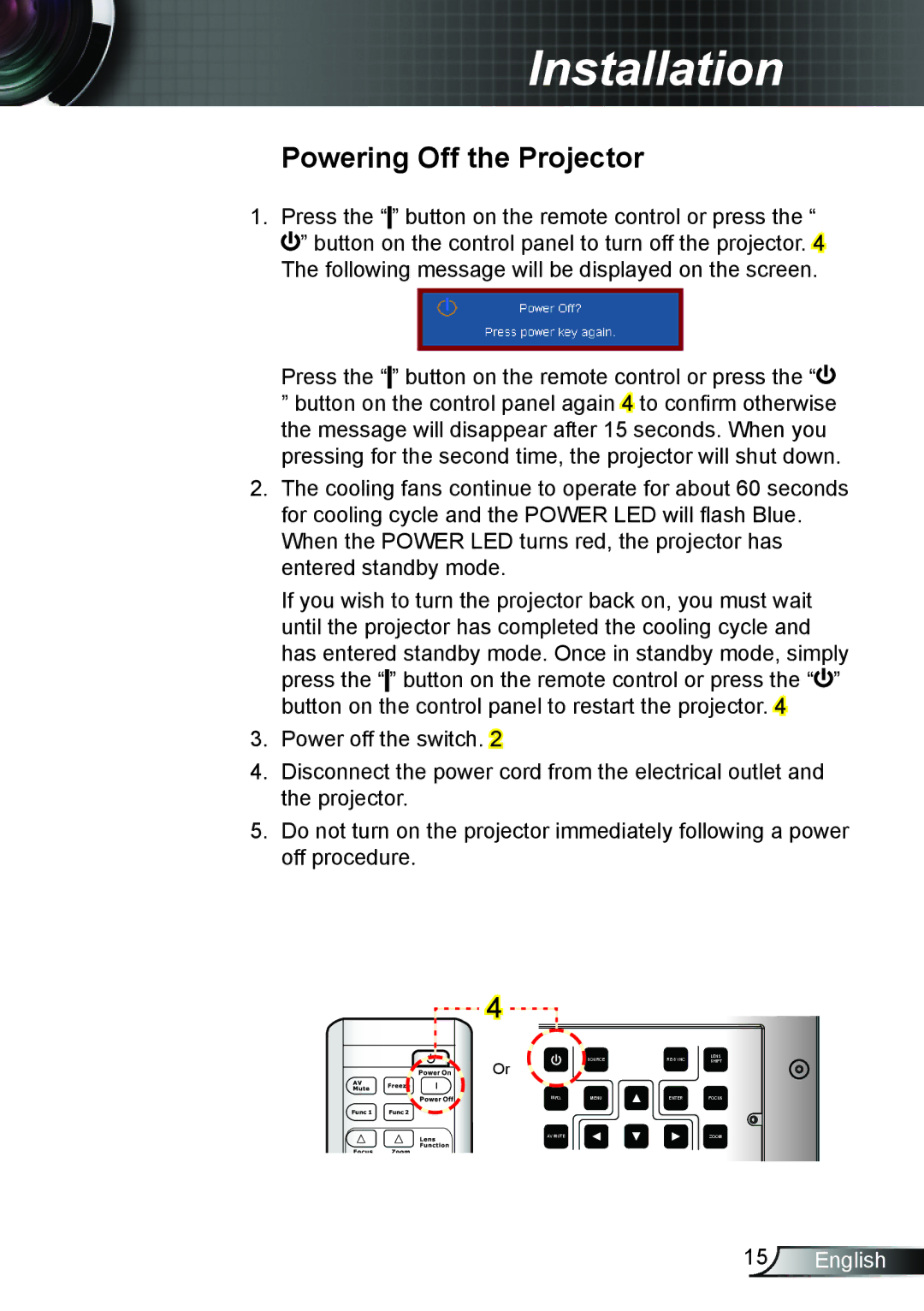 Optoma Technology TH7500NL manual Powering off the projector 