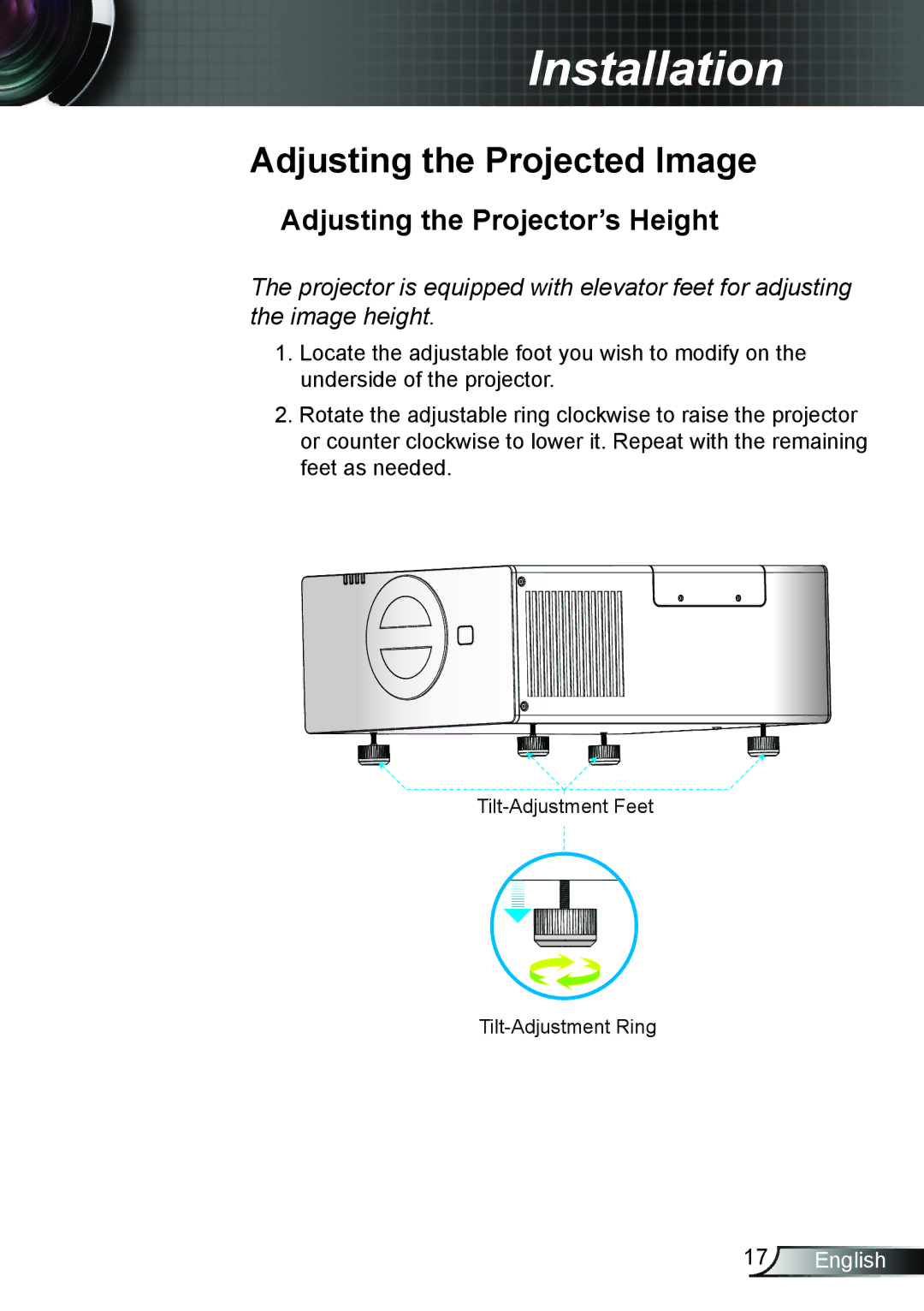 Optoma Technology TH7500NL manual Adjusting the Projected Image, Adjusting the Projector’s Height 