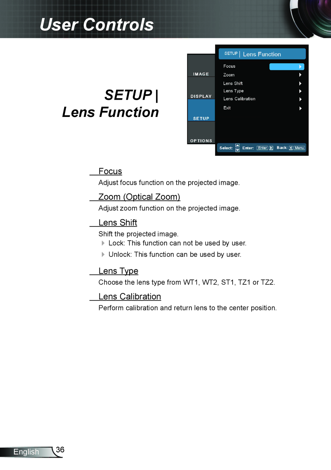 Optoma Technology TH7500NL manual Lens Function 