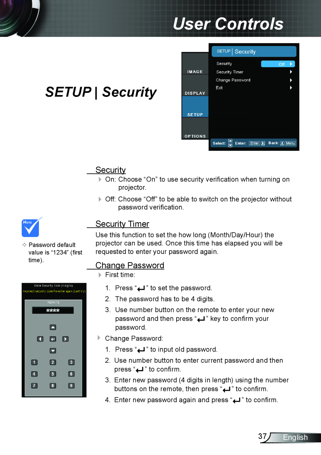 Optoma Technology TH7500NL manual Setup Security, Security Timer, Change Password 