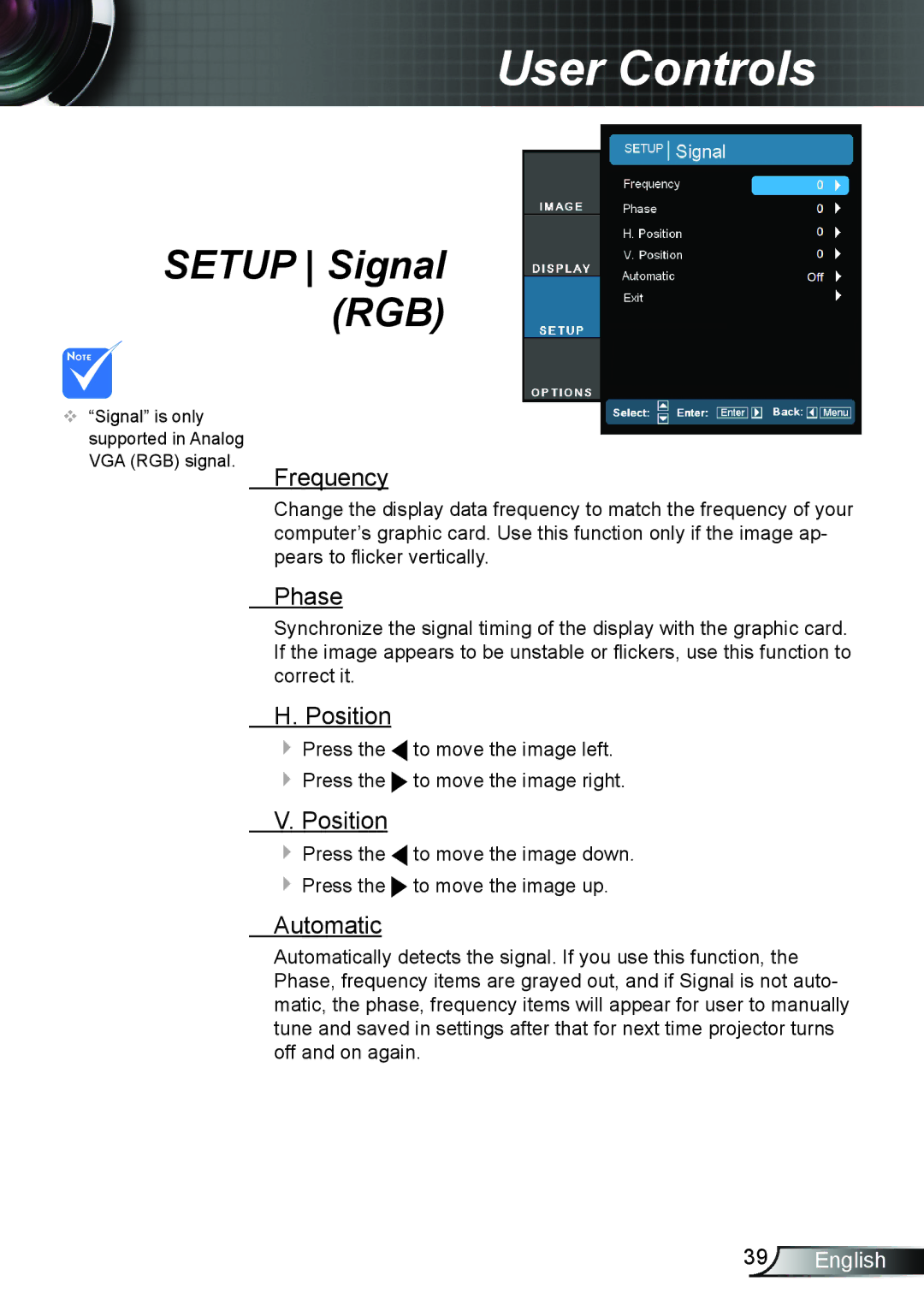 Optoma Technology TH7500NL manual Setup Signal RGB, Frequency, Phase, Position, Automatic 