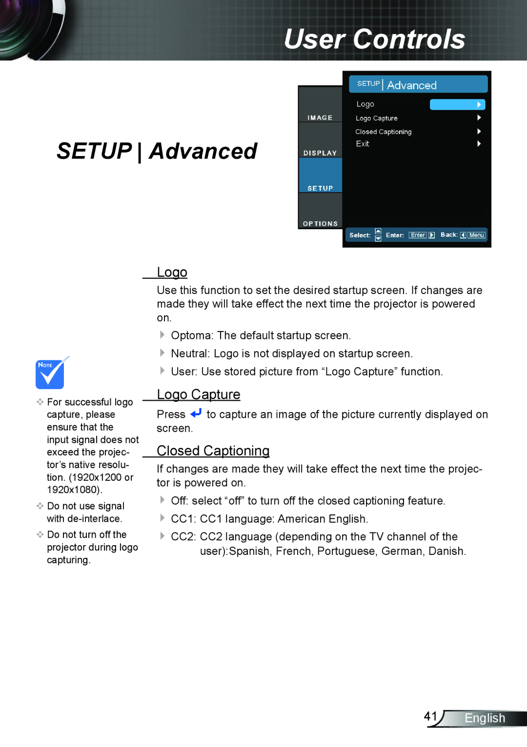 Optoma Technology TH7500NL manual Setup Advanced, Logo Capture, Closed Captioning 