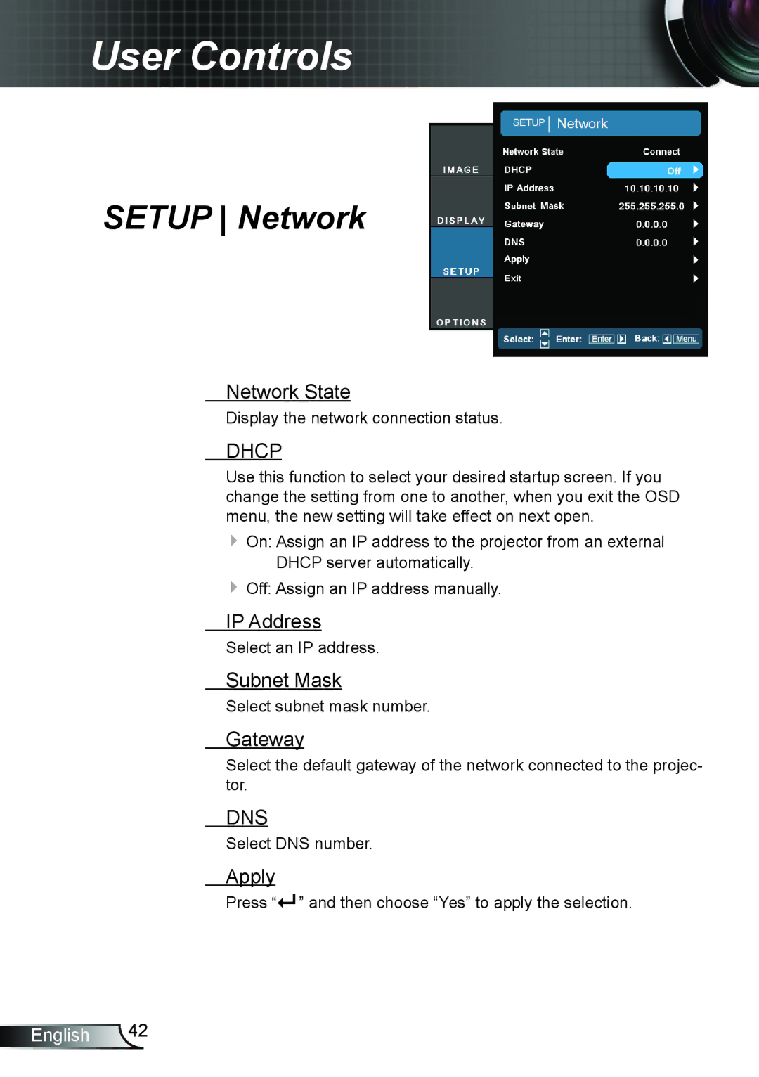 Optoma Technology TH7500NL manual Setup Network 