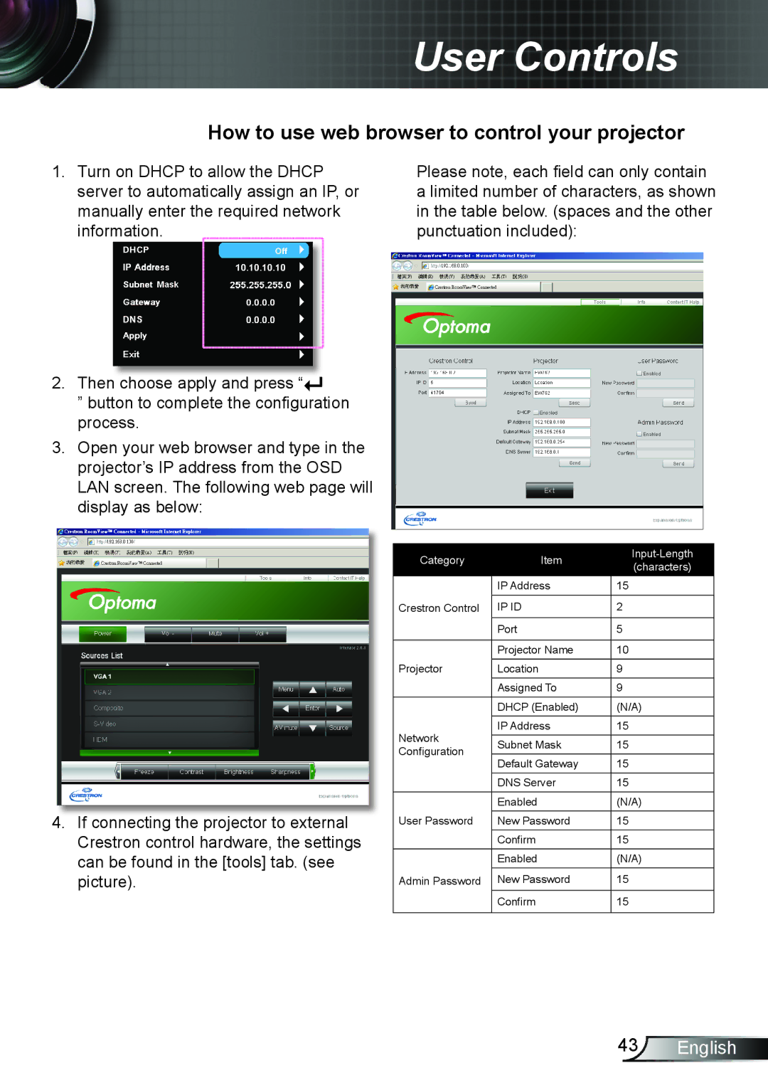 Optoma Technology TH7500NL manual How to use web browser to control your projector 