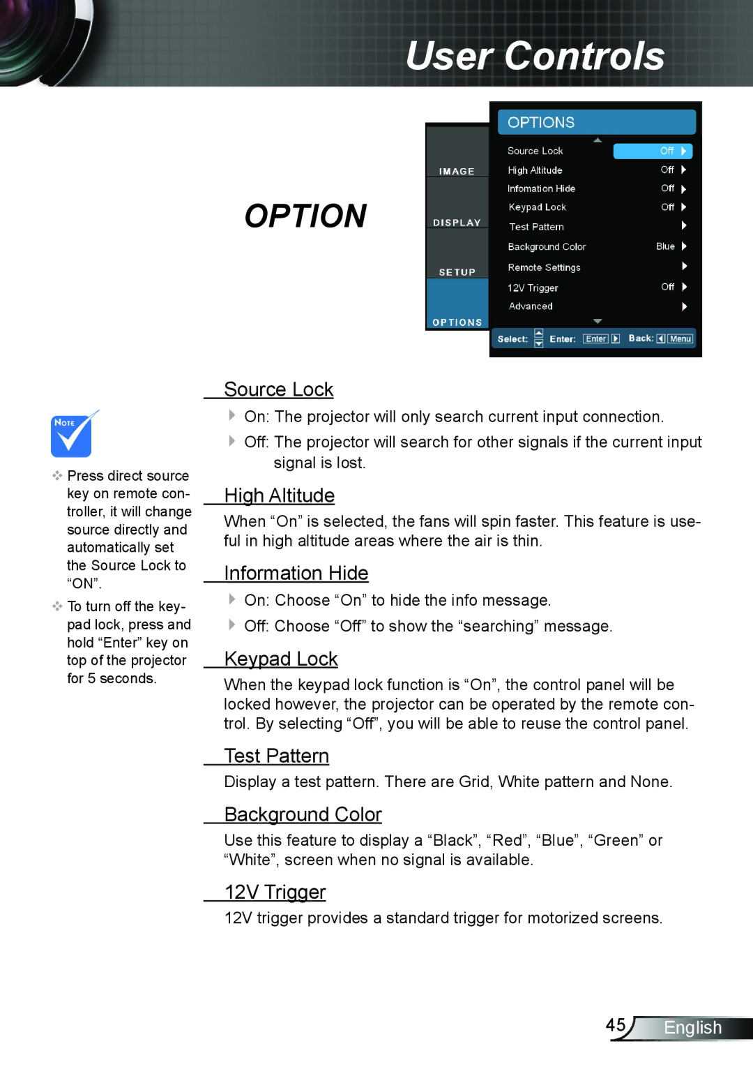 Optoma Technology TH7500NL manual Source Lock, High Altitude, Information Hide, Keypad Lock, Test Pattern, Background Color 